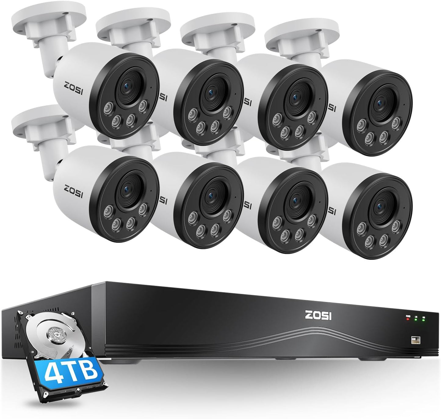 ZOSI 16CH 4K PoE Security Camera System,8pcs 8MP Outdoor Indoor Cameras,Person Vehicle Detection,People Counting,One-Way Audio,100ft Night Vision,16Port 32-Channel NVR with 4TB HDD for 24/7 Recording