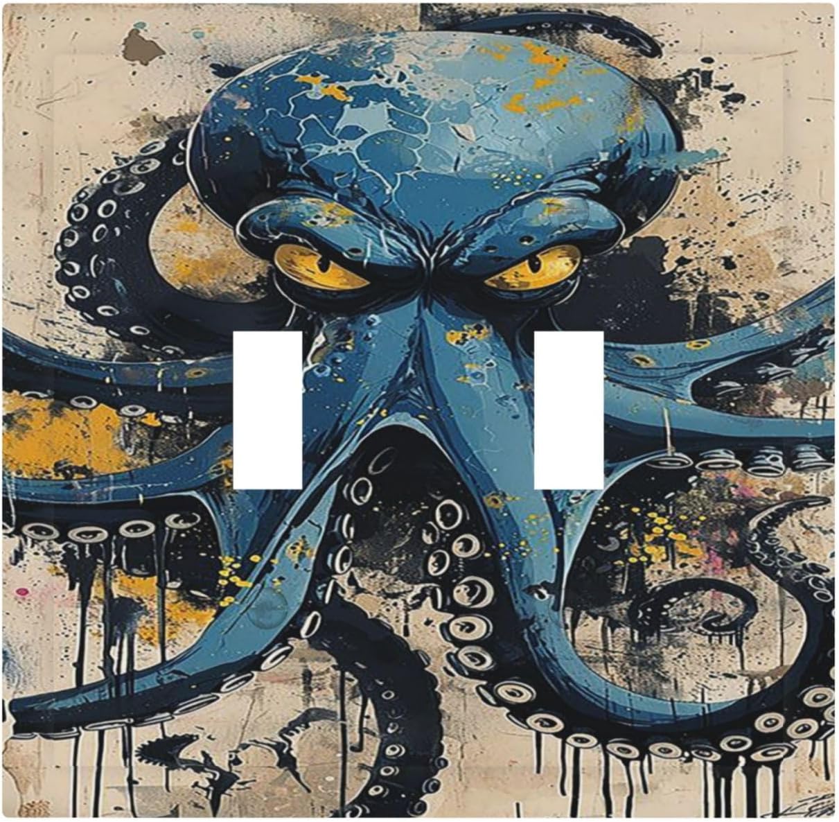 Decorative Switch Plates Nautical Vintage Blue Octopus Yellow Eyes Oil Watercolor 2 Gang Double Toggle Outlet Light Switch Cover Wall Plate Electrical Faceplate for Kids room Nursery Decor