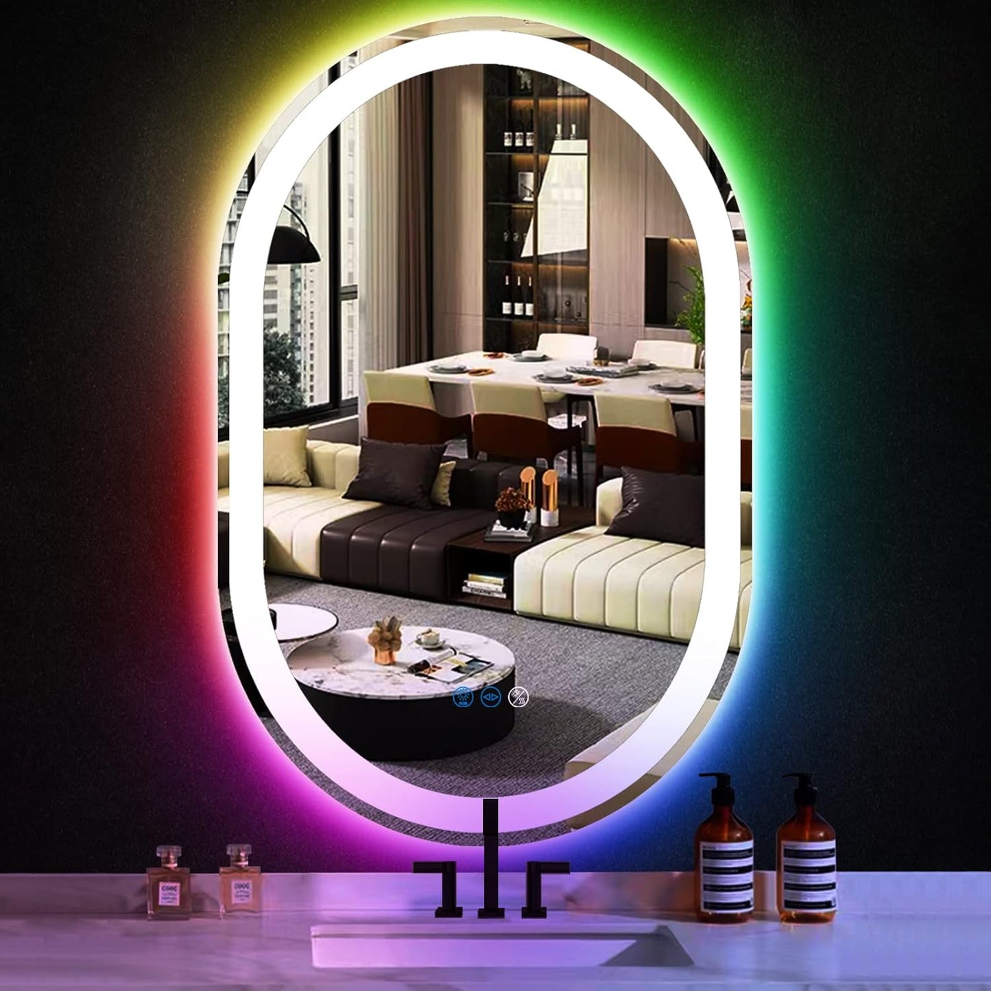 THEKLA 20 x 32 Inch Oval LED Vanity Mirror with Lights Smart Dimmable 3 Color+ Rainbow RGB Color Changing Backlit 32" Oval Lighted Mirror for Bathroom Wall Horizontal/Vertical Mount Anti-Fog
