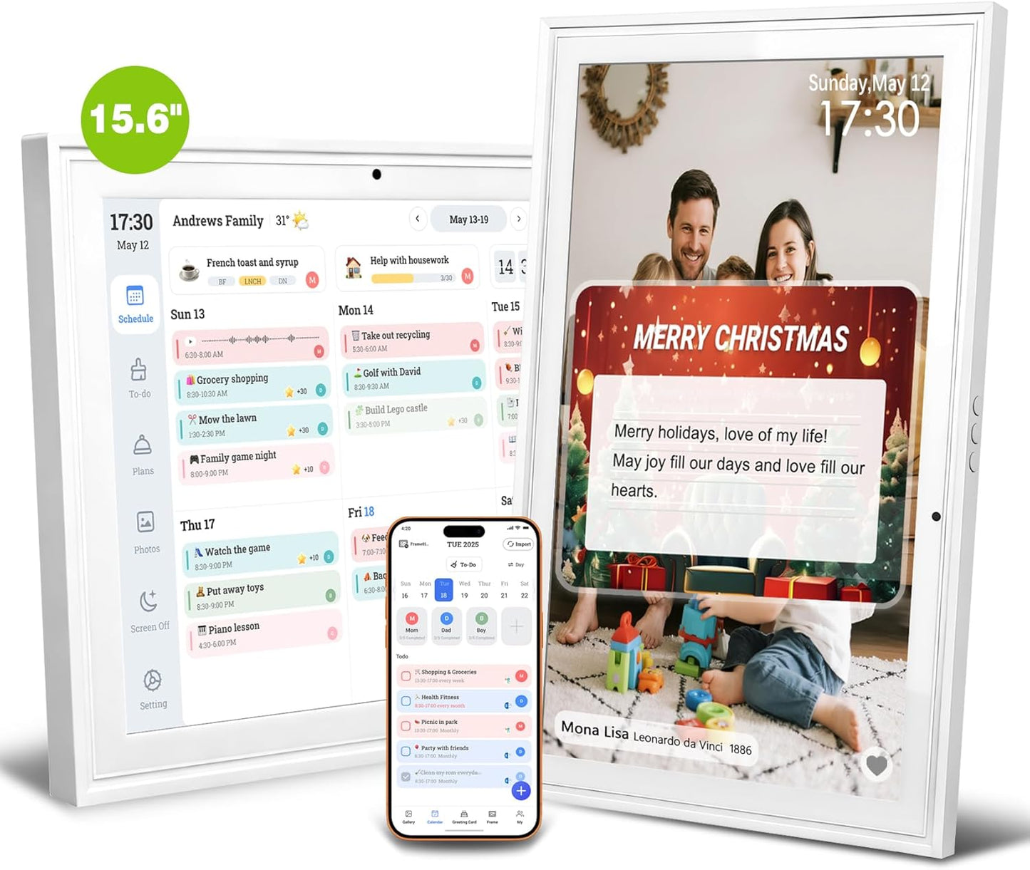 UPGRADED 15.6" Digital Calendar, Smart Touchscreen Chore Chart & Planner with Mobile Interconnection, Multi-functional Electronic Calendar for Schedule, Meal Planner, Chore Chart, Photo Display