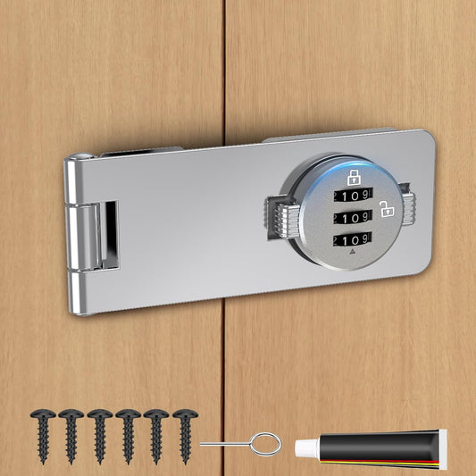 Keyless Cabinet Combination Lock, 3-Digit Password Twist Knob Hasp Latch for Doors, Cabinets, Drawers, Barn Door, Bathroom, Outdoor, Closet, Fence, Durable Zinc Alloy, (Silver, 1 Pack)