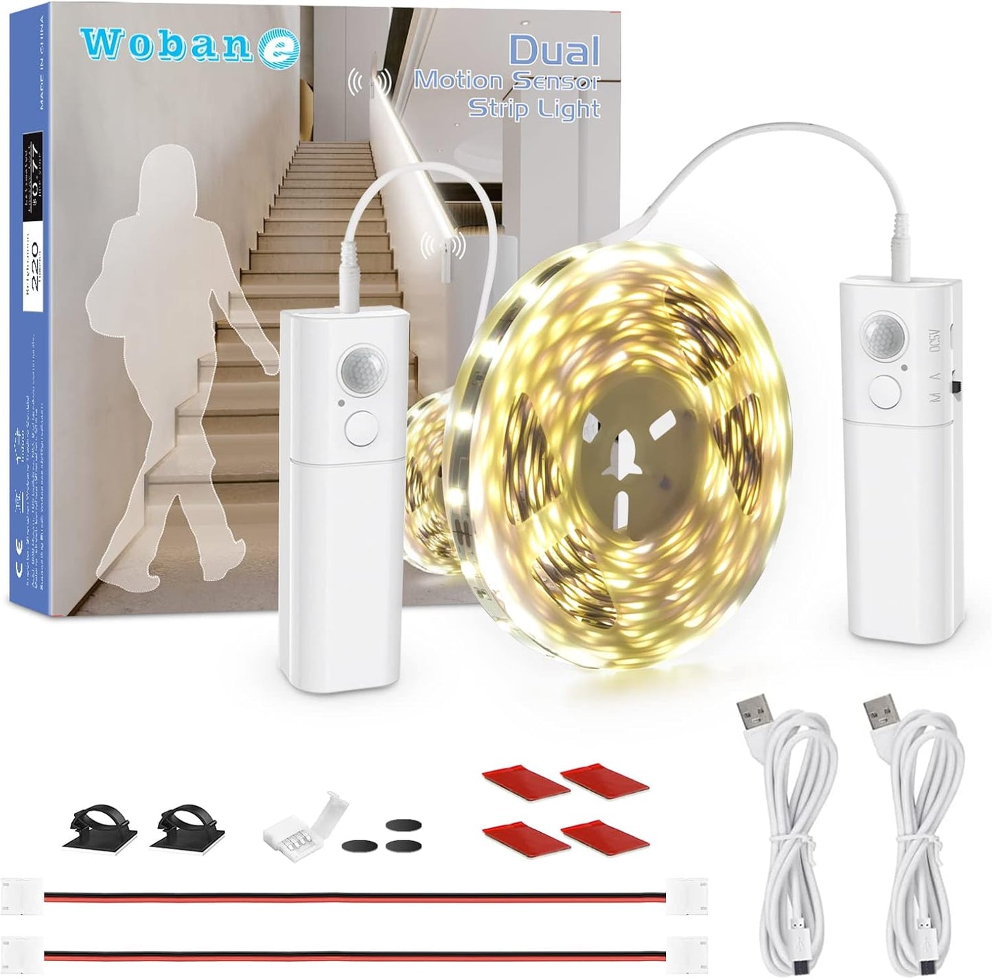 WOBANE Dual Motion Sensor Stair Lights Strip, Rechargeable 16.4ft LED Strip Lighting,150 LEDs Cuttable Tape Light for Hallway,Under Cabinet,Cupboard,Shelves,Gun Safe,Flexible,6000K White