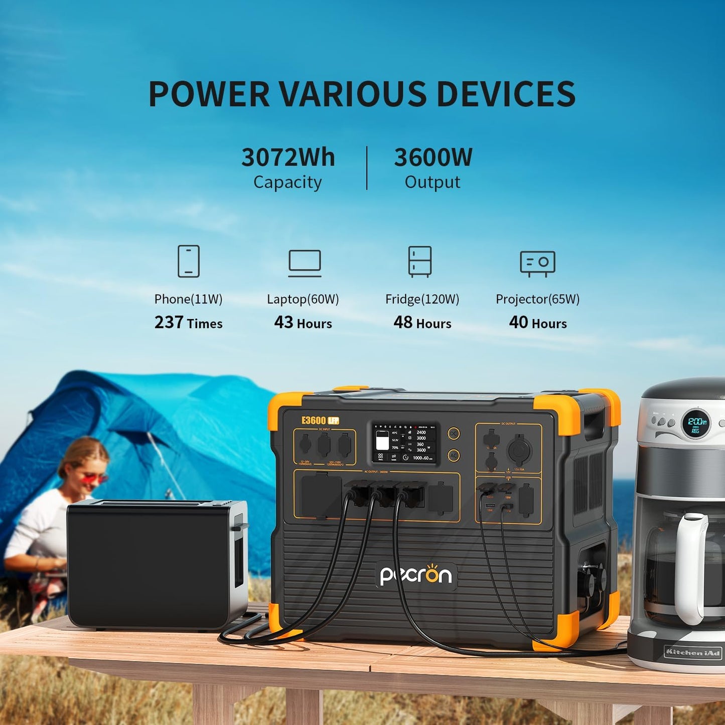 pecron Portable Power Station 3072Wh E3600LFP with 3072Wh EP3000-48V Expandable to 6054Wh, 5x3600W AC Outlets Power Station, LiFePO4 Battery Backup Solar Generator for RV, Camping, CPAP, Emergency