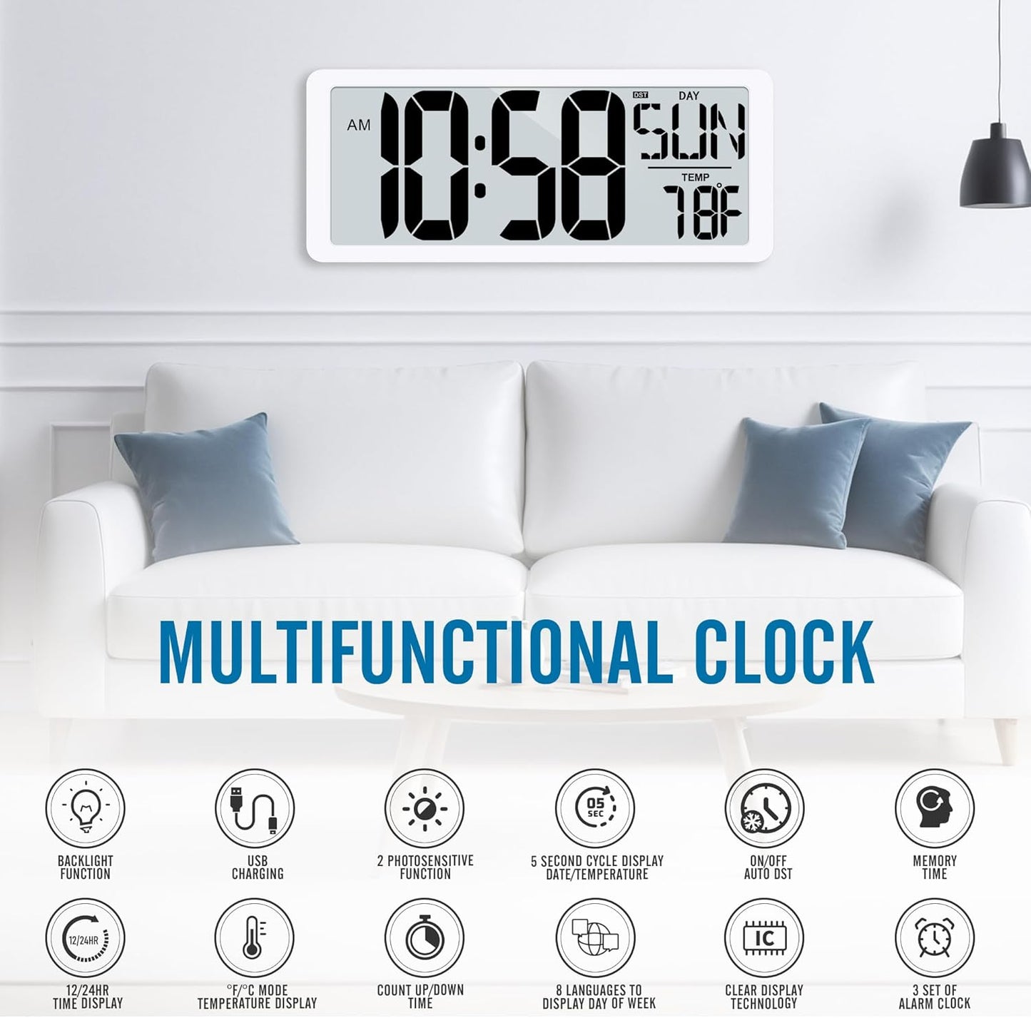TXL Rechargeable Atomic Clock with Backlight, 14.2" Large Display Digital Wall Clock Battery Operated with Day, Date & Temperature, Large Wall Clock for Bedroom, Livingroom, Office（White）
