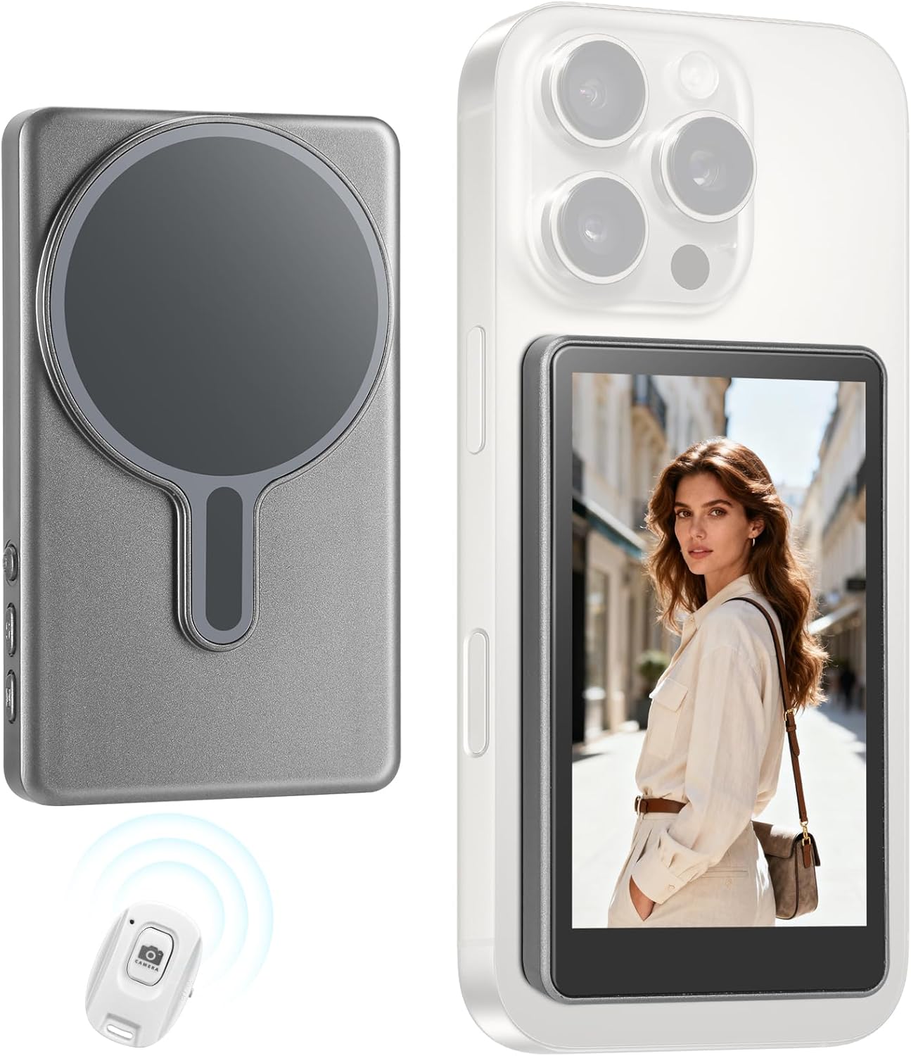 Magnetic Phone Vlog Selfie Monitor Screen,1080P Wireless Recording,Back Camera Selfie Monitor with Bluetooth Remote Control,for Selfie Vlog Live Broadcast,Compatible with iPhone and Android System