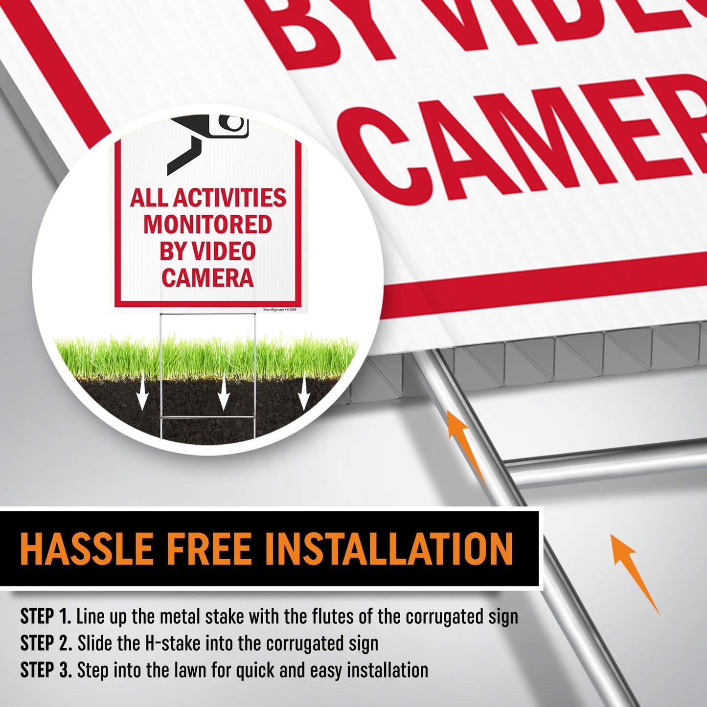 SmartSign 12" x 18" (2-Pack) All Activities Monitored By Video Camera Yard Sign with 15" Metal H-Stake, Double Sided Sign with Camera Symbol, 160 mil Thick Corrugated Plastic Lawn Signs, USA-Made