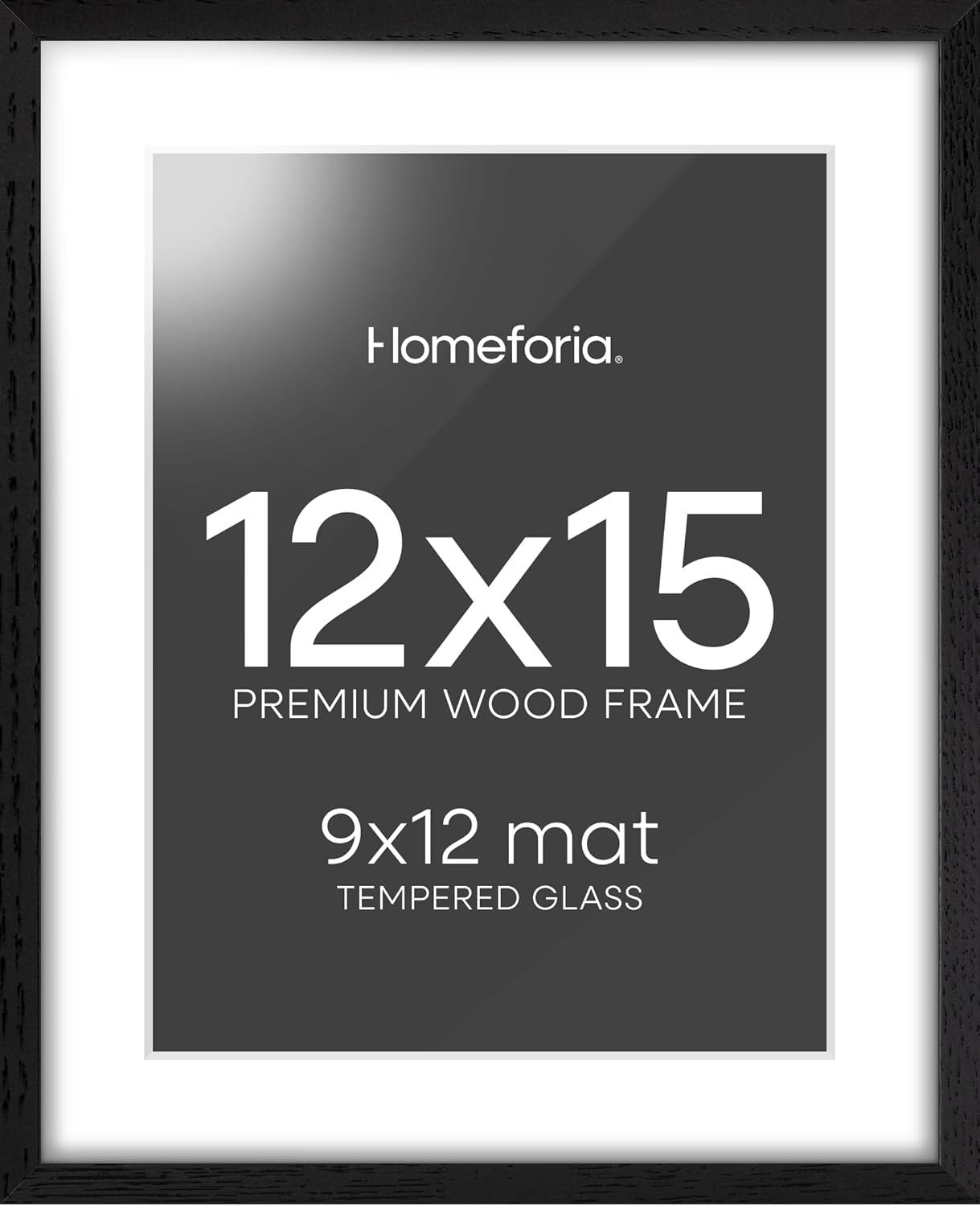 Homeforia 12x15 Black Wood Picture Frame, High End Oak 12x15 Poster Frames with Mat 9x12 Print, 12 x 15 Black Wooden Frame Matted to 9 by 12 Photo, 15x12 Thin Frame, Tempered Glass, Wall Kit, Set of 1