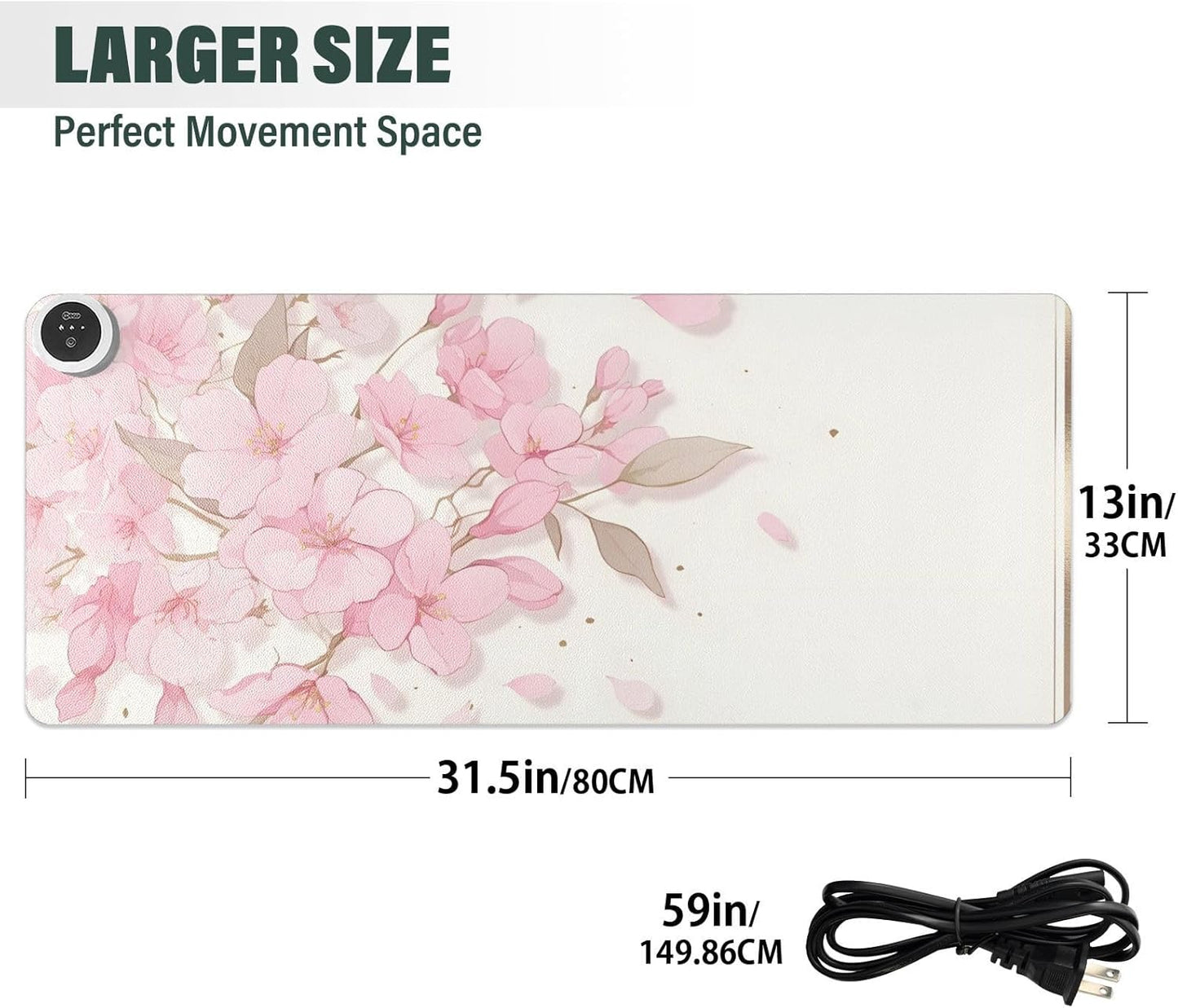 Large Heated Mouse Pad,Leather Desk Mat,31.5"x13",Hand Warmer Pads for Desk,Sakura（Pink White）