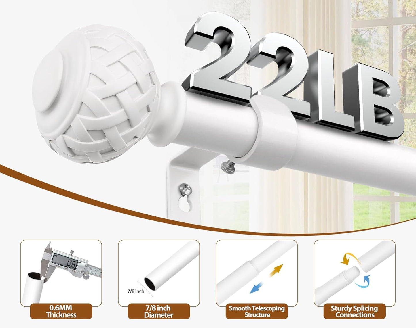 TONIAL White Curtain Rod 32 to 120 Inches, 7/8 Adjustable Curtain Rods for Windows 20 to 116 Inches, Splicing Drapery Rods Heavy duty with Netted Texture Finials