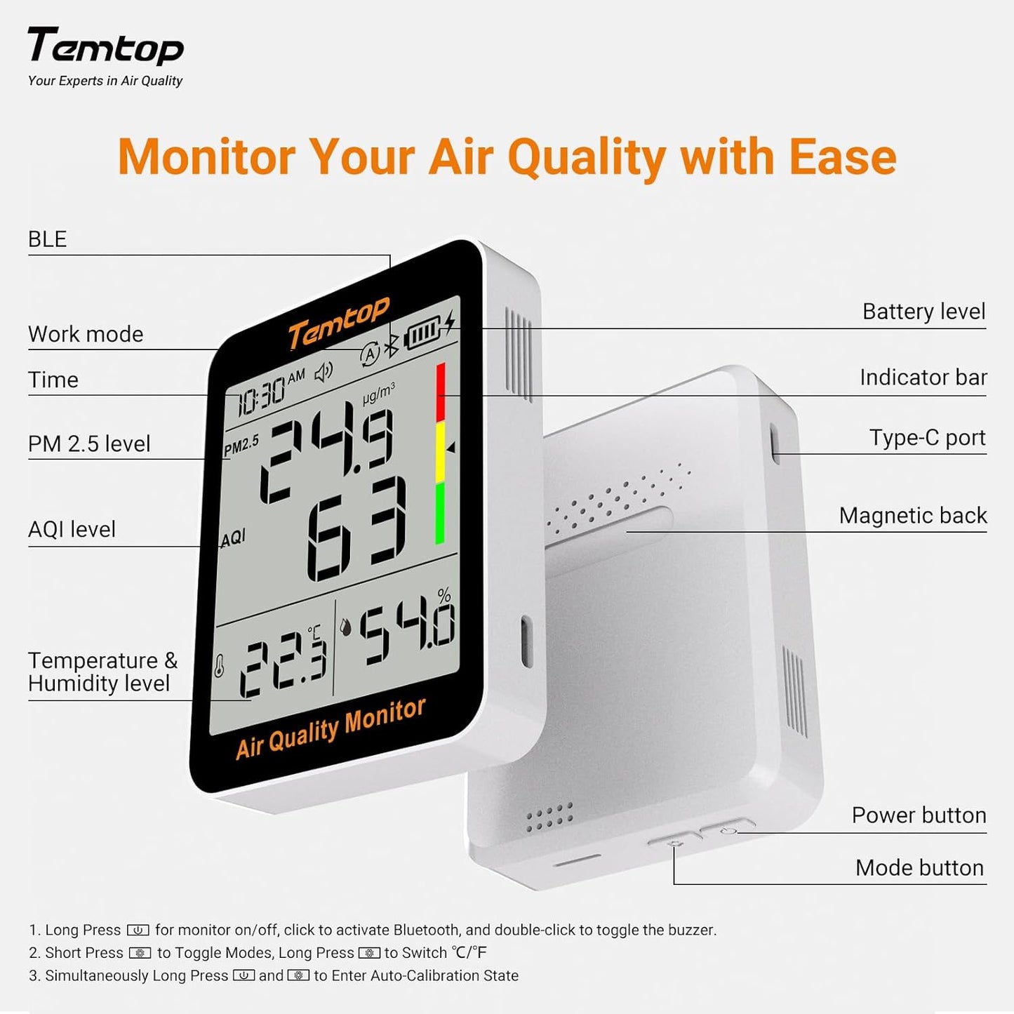 Temtop Smart Air Quality Monitor - Indoor Air Quality Meter with PM2.5, AQI, Temperature and Humidity Detector for Home, Office or School, App Connectivity, OTA Updates, 60-Day Battery Life