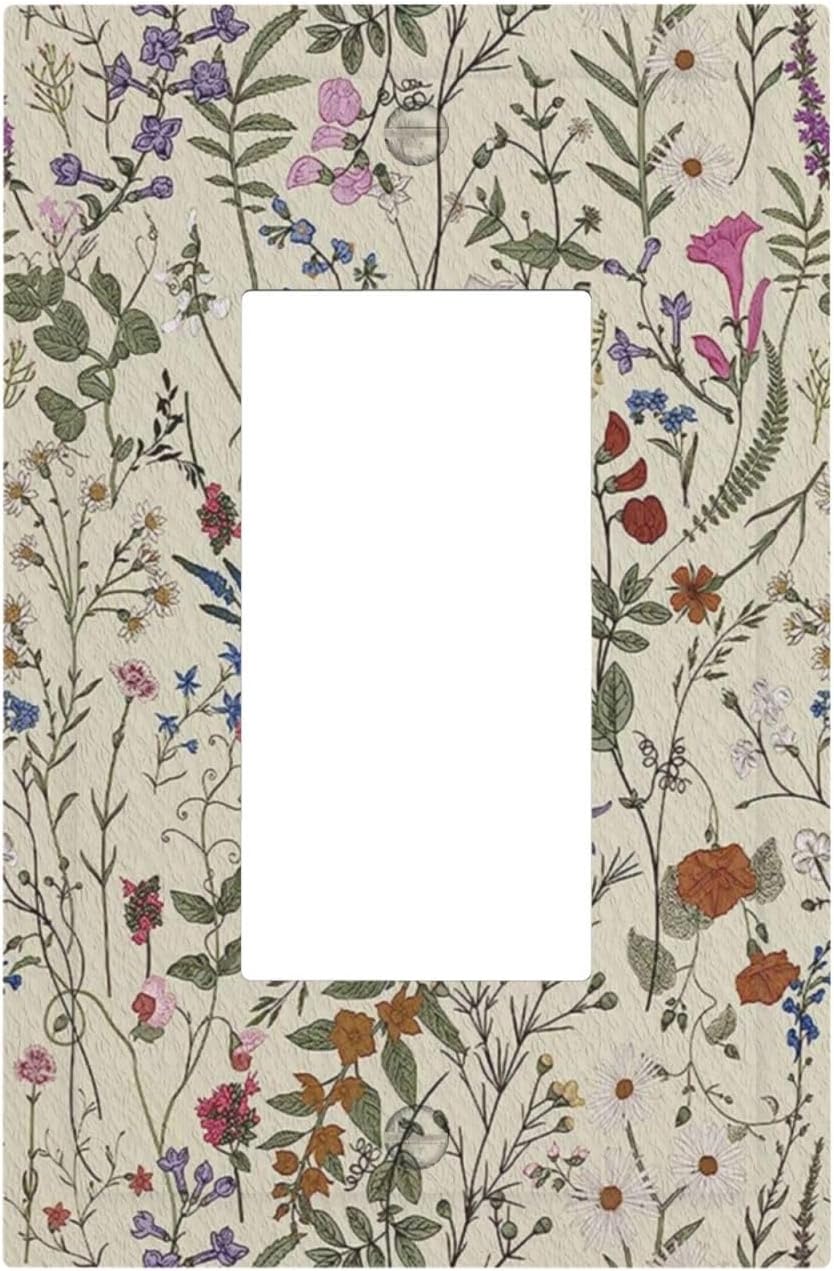 Beige Background Boho Flowers Plant Leaf 1 Gang Rocker Light Switch Covers Single Decora Outlet Wall Plate Decorative Switchplate Faceplate GFCI for Country Bathroom Bedroom Decor