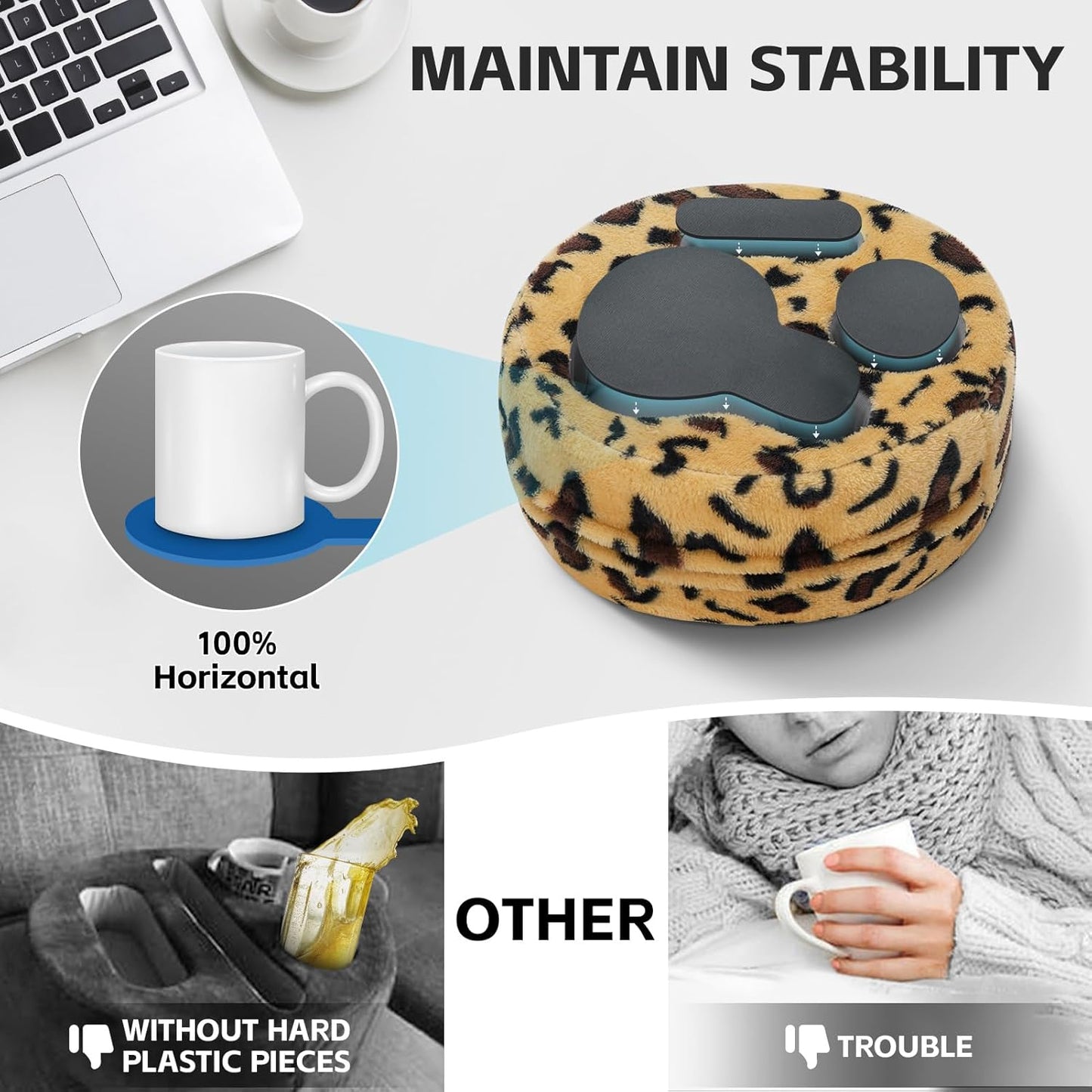 G GOOD GAIN Couch Cup Holder Pillow, Cute Sofa Drink Cup Holder Cozy Buddy | Desk Organizer for Mugs, Snacks, Phone, Makeup | Bed Caddy Tray for Car, Beach, Picnic, Boat, RV, Table (Cheetah)