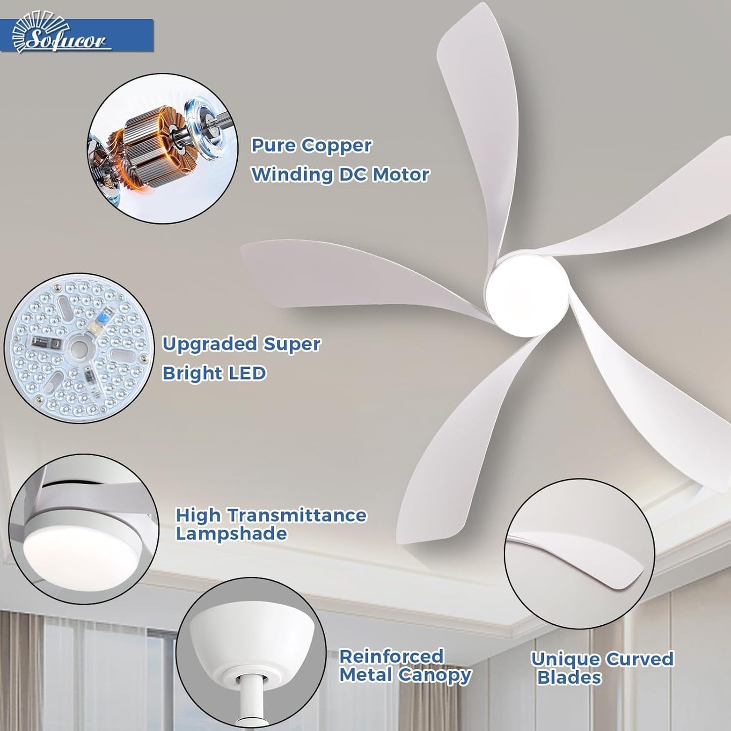 Sofucor 52 Inch Ceiling Fans with Lights and Remote, Outdoor Ceiling Fan with Light 6-Speed 3 CCT 3-Timer, White Low Profile Ceiling Fan 5 Blade Reversible DC Motor for Living Room Bedroom Patio