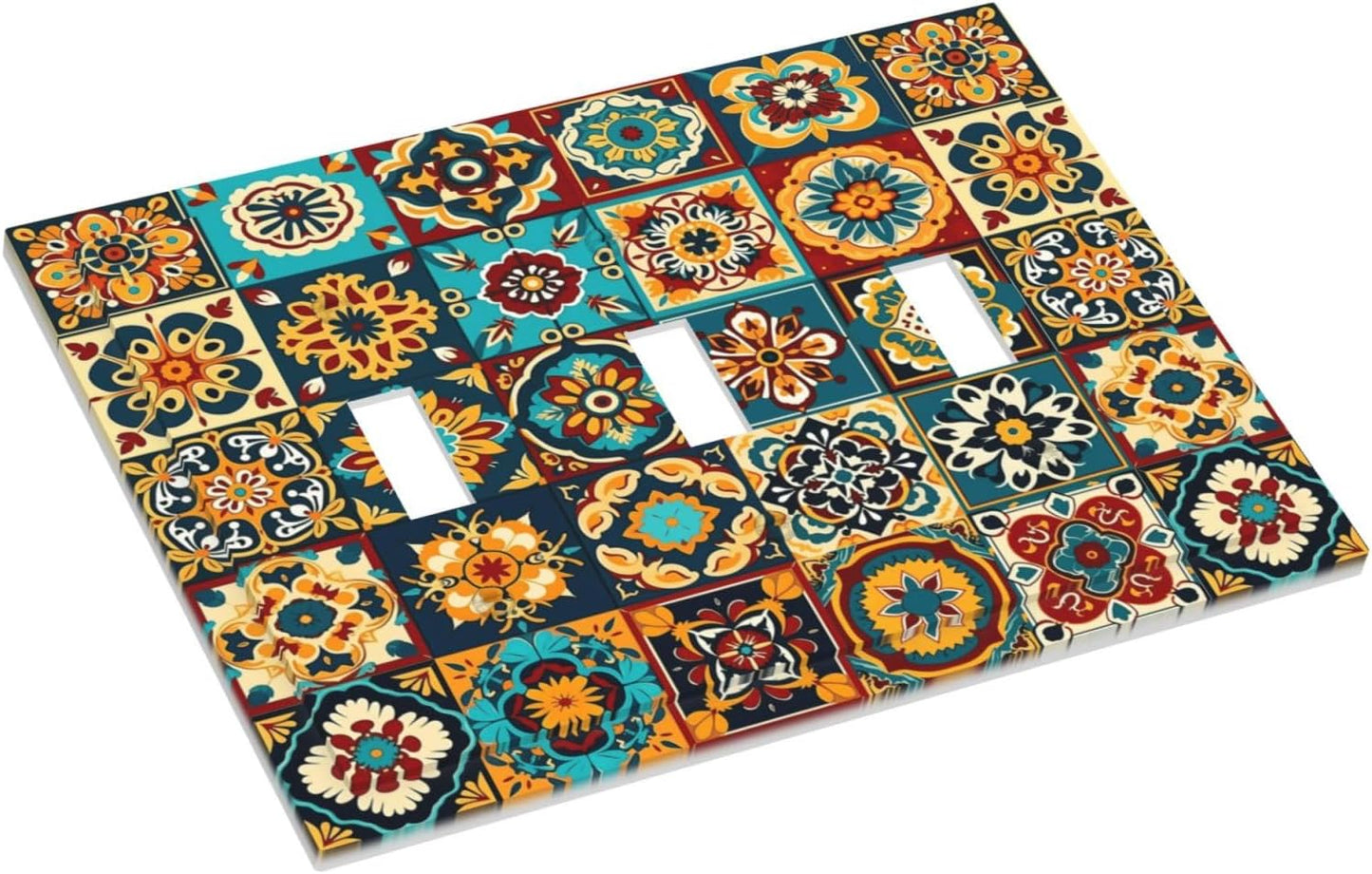 Mexican Talavera Ceramic Tile Moroccan Boho Decorative Switch Plates 3 Gang Wall Plate Triple Toggle Light Switch Cover Faceplate Electrical Wall Panels for Bathroom Kitchen Decor
