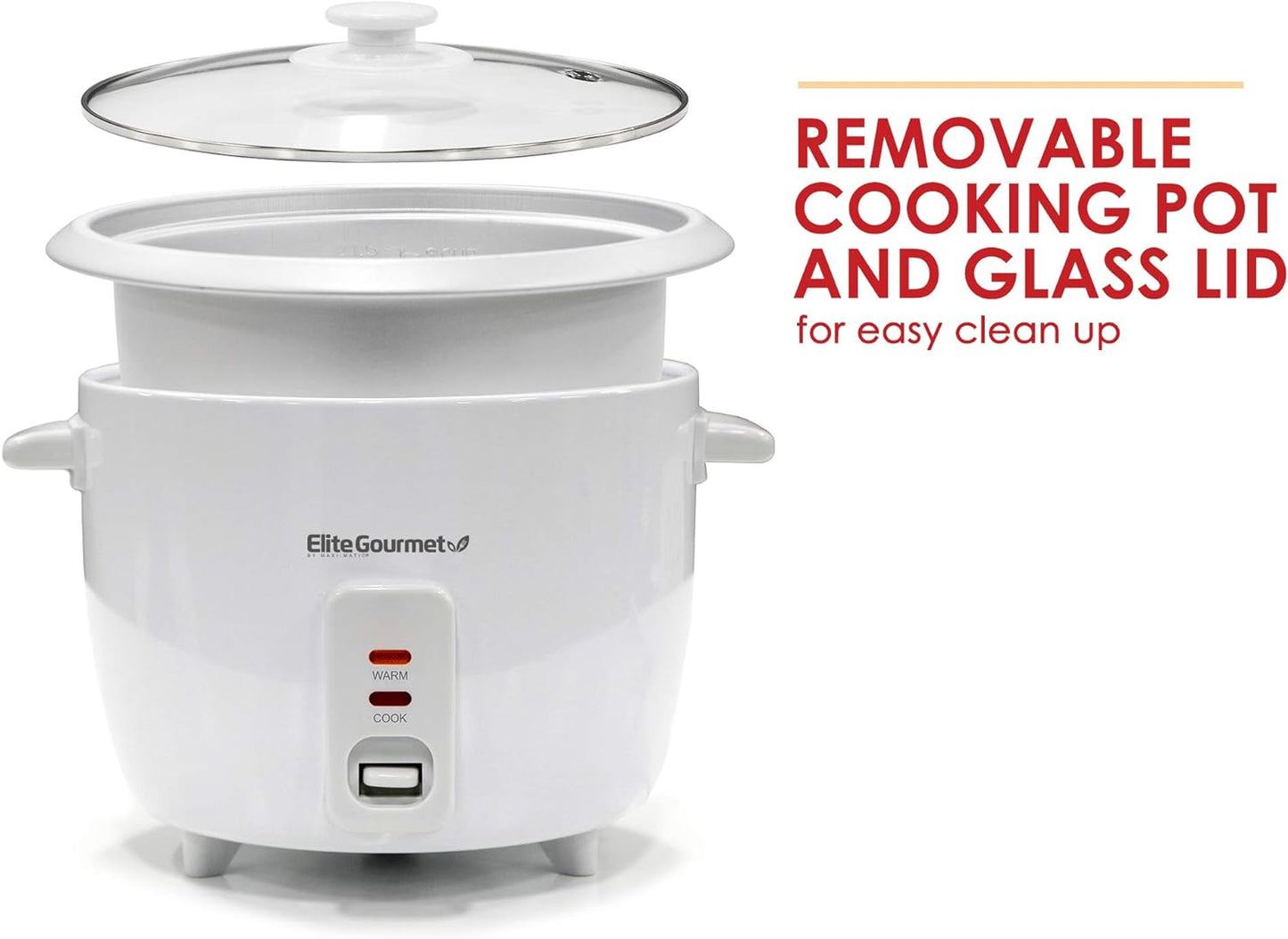 Elite Gourmet ERC-003X Electric Rice Cooker with Automatic Keep Warm Makes Soups, Stews, Grains, Hot Cereals, 6 Cups Cooked (3 Cups Uncooked), White