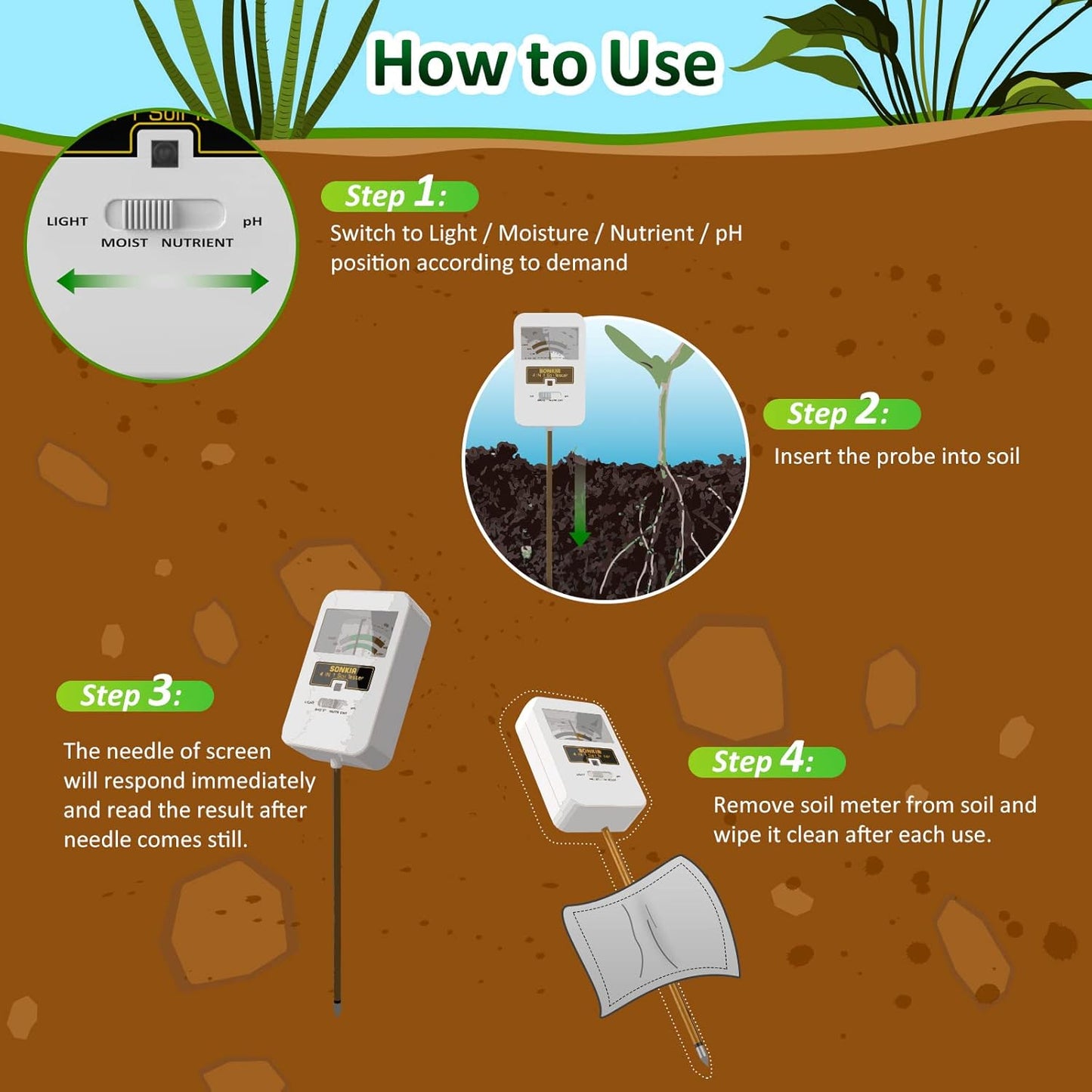 SONKIR Soil Moisture Meter, 4-in-1 Soil Ph Meter, Soil Tester for Nutrients, Moisture, PH and Light, Soil Ph Test Kits for Plant, Great for Garden, Lawn, Indoor & Outdoor Use (No Battery Required)