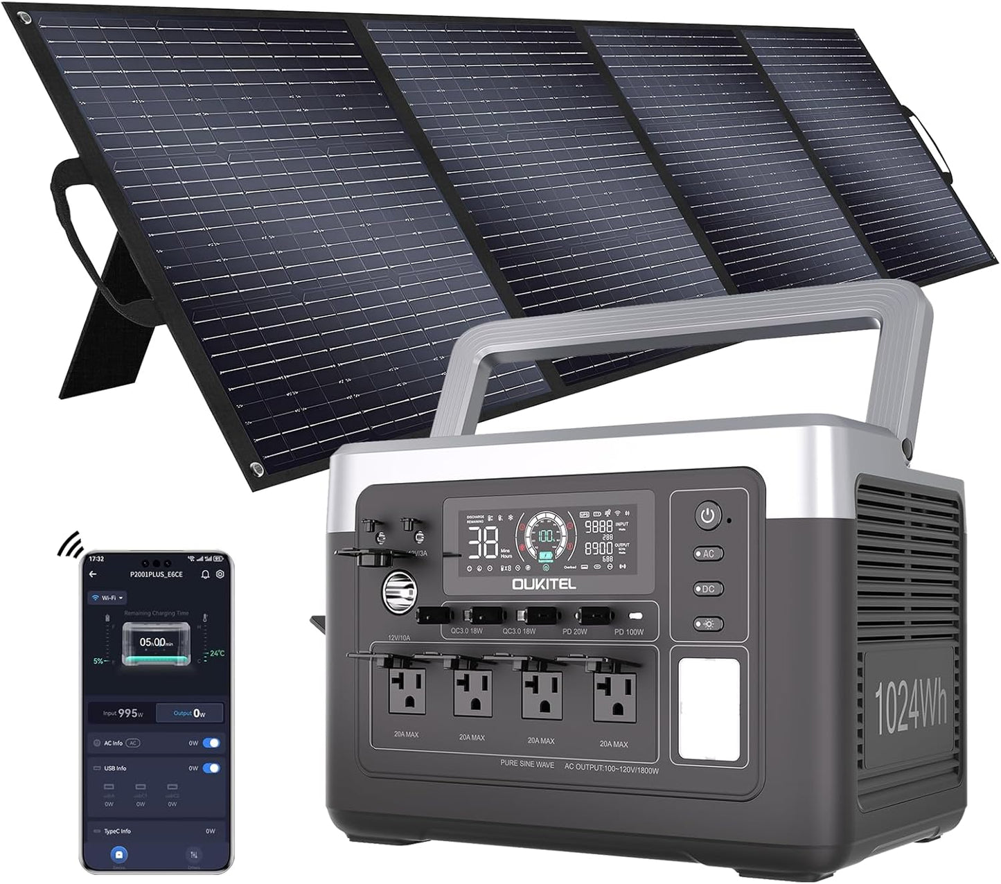 OUKITEL P1000 Plus 1800W/1024Wh Power Station with 200W Solar Panel, 1200W Fast Charging, Solar Generator with 4 AC Outlets (3600W Peak), APP Control Battery Backup for Home, Camping & RVs