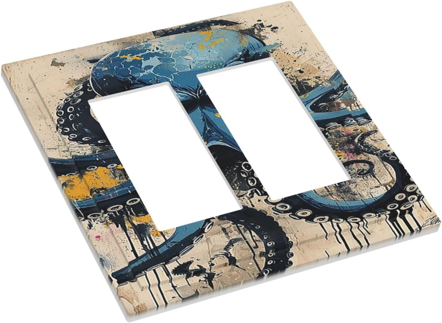 Decorative Outlet Covers Nautical Vintage Blue Octopus Yellow Eyes Oil Watercolor 2 Gang Double GFCI Rocker Electrical Wall Panels Light Switch Cover Plate for Kids room Nursery Decor
