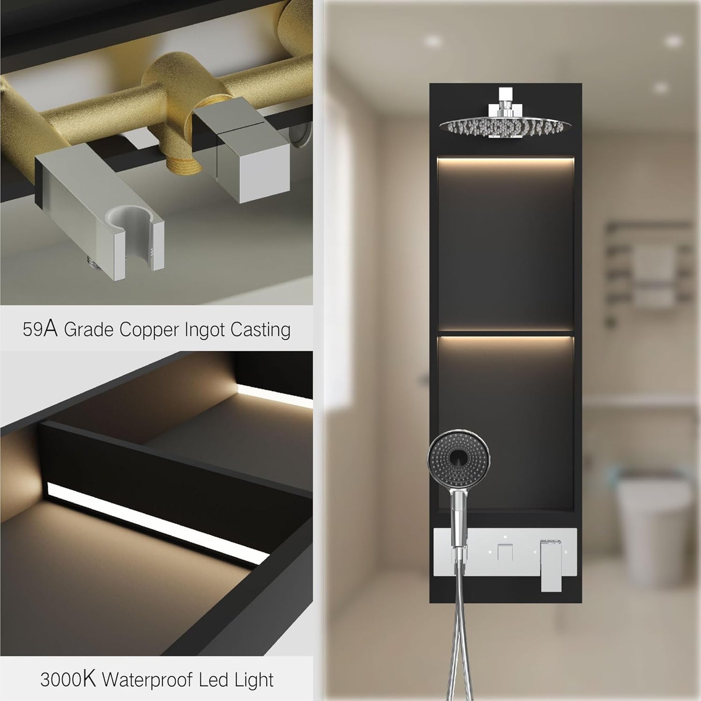 Shower Niche System w/LED Lights, Bathroom Shower System w/ 304 Stainless Steel Wall Niche