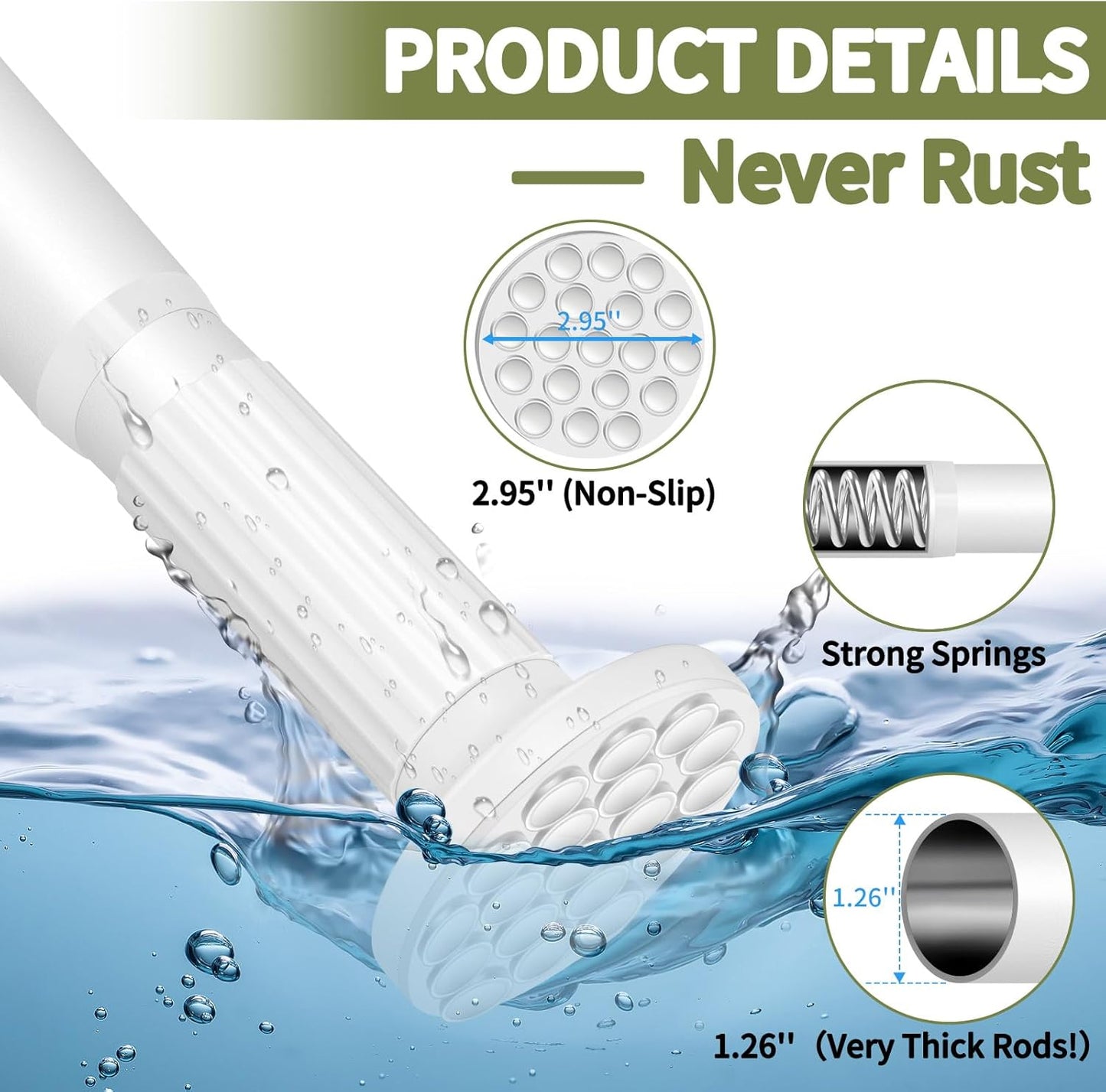 White Tension Curtain Rod 51-165In, Long Adjustable Tension Rods No Drilling for Window or Bathroom, Outdoor Curtain Rods for Patio, Easy to Install, Never Rust, Rod Diameter 1.26 Inches-White