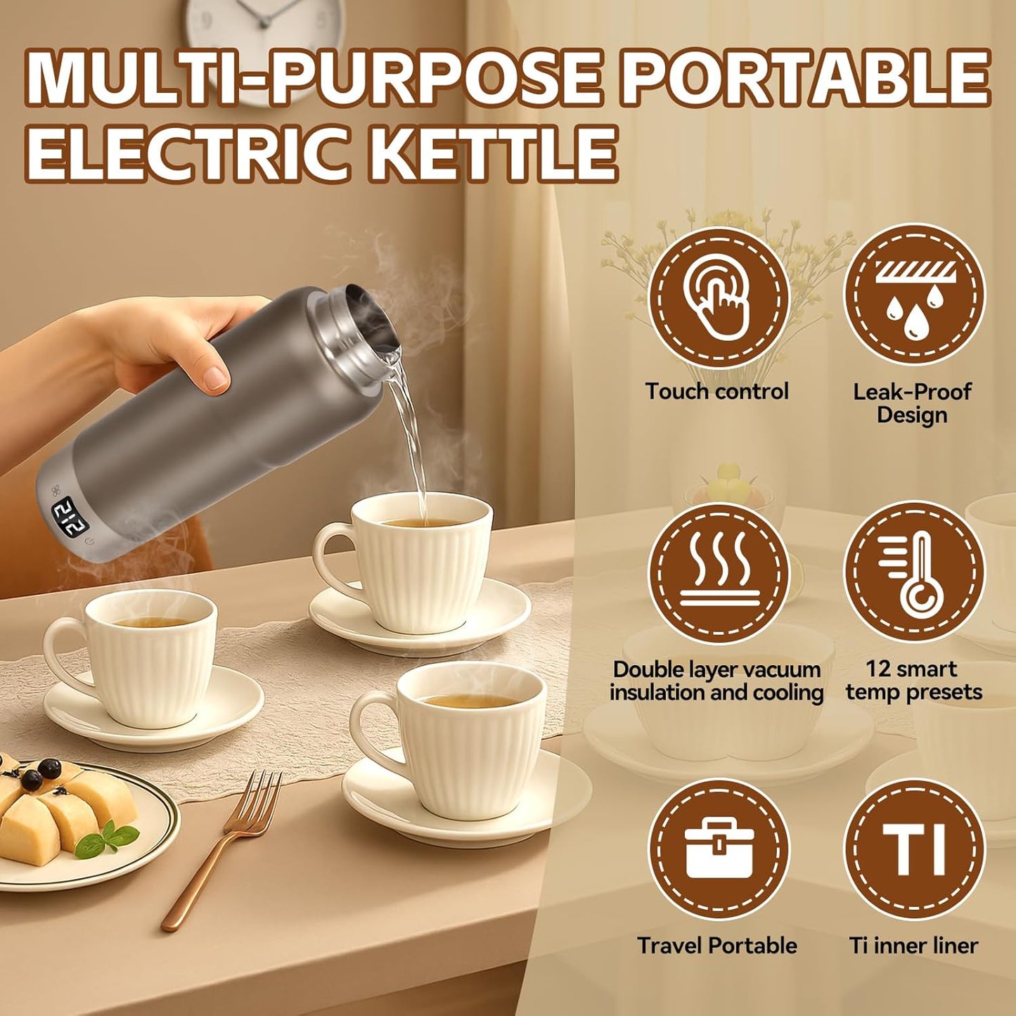 Pure Titanium Travel Kettle,Dual Voltage Portable Electric Kettle 110V-240V Smart Small Water Boiler for Tea & Coffee,12 Temperature Control,Auto Shut Off & Boil Dry Protection (Gray,520ML)