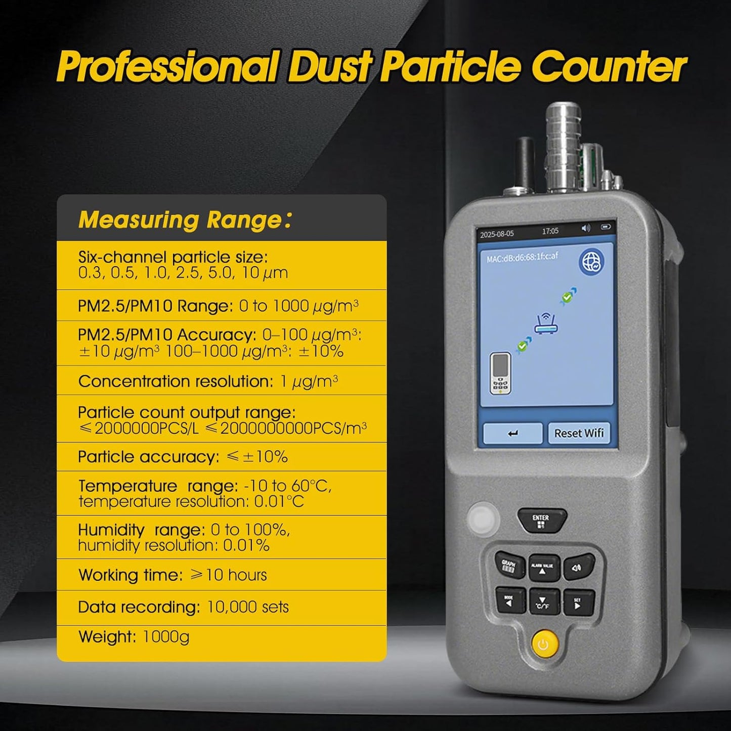 Professional Particle Counter, High Sensitivity 6-Channel PM0.3/0.5/1.0/2.5/5.0/10µm Air Pollution Monitor with Tuya APP w/Temp & Humidity USB Data Export to PC for Cleanrooms, Laboratories(RS-485)