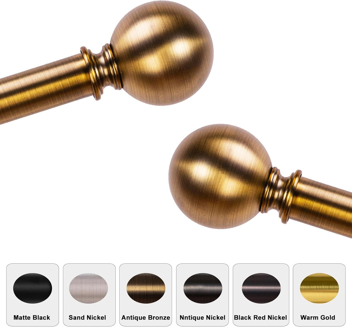 Brass Curtain Rods for Windows 18 to 145 inches, 1 Inch Modern Metal Drapery Rods, Adjustable Heavy Duty Curtain Pole with Round Finials(18"-145"Antique Brass)