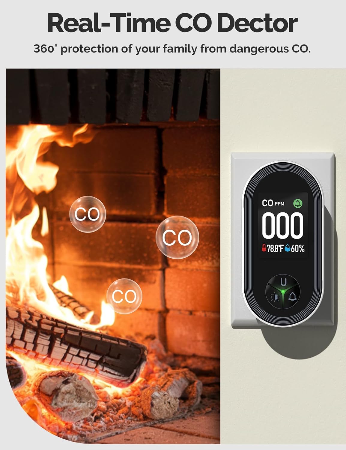 3IN1 Carbon Monoxide Detector Combination Plug in, CO Monitor with Temperature Humidity Sensor Built-in, Alarm Sound Warning for Kitchen/Garage/Fireplace/RV, 2Pack