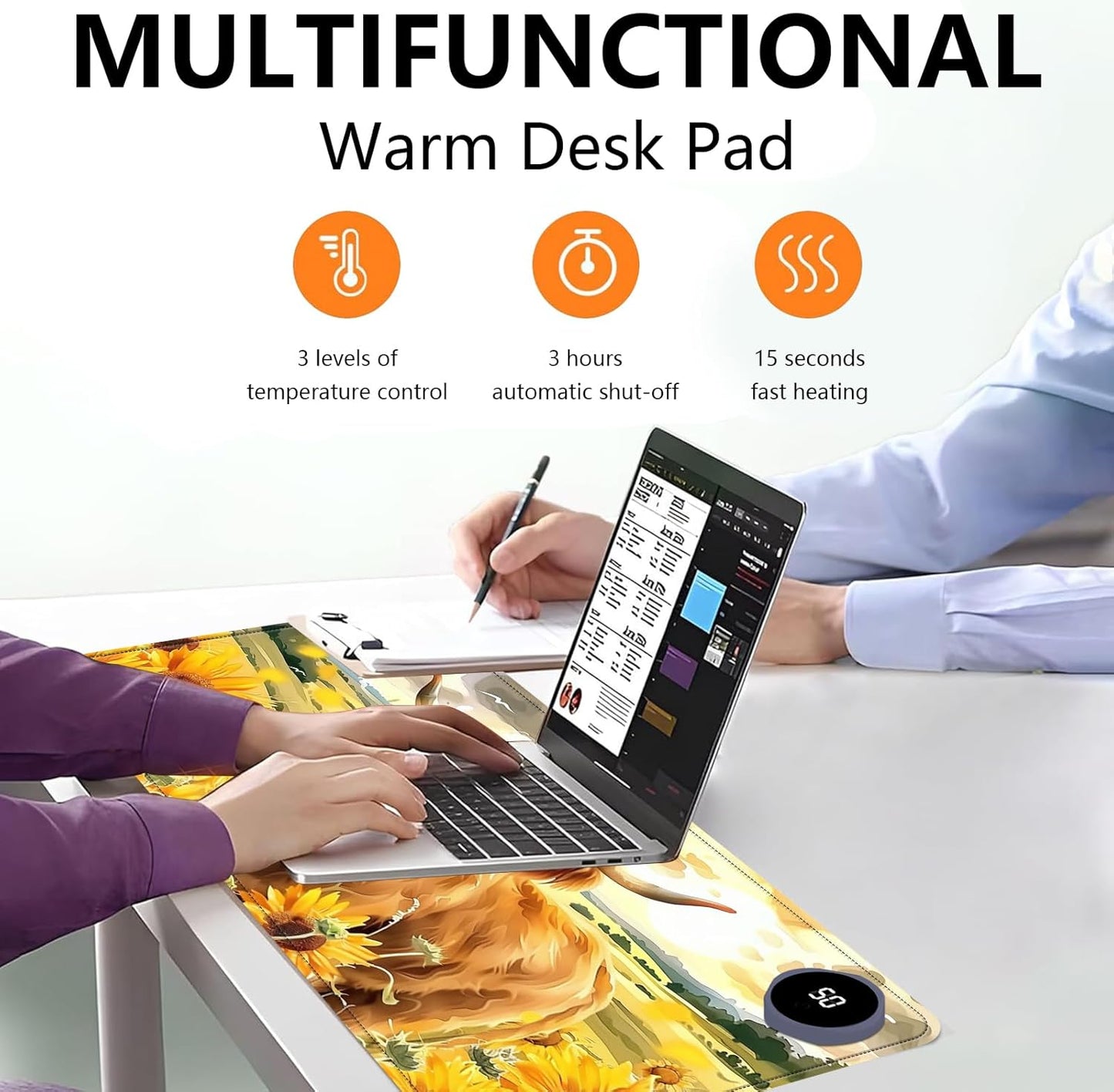 Heated Mouse Pad with 3 Levels Heated & 3 Hours Auto Shut-Off Mouse Pad for Warming Hands in Office Home, 31.5" x 13"Large Safe Desk Mat Hand Warmer，Sunflower Highland Cow