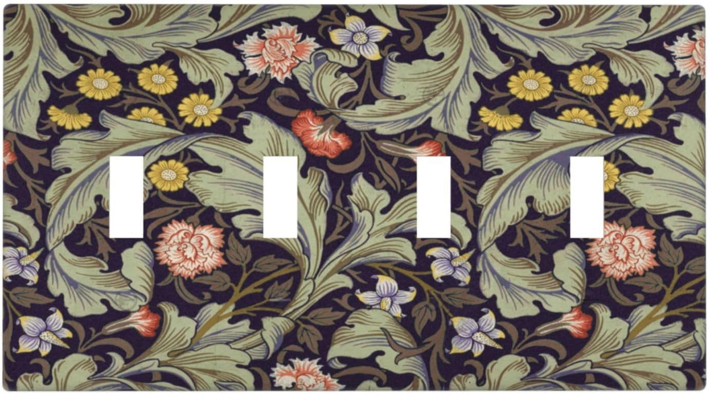 Boho William Morris Floral Green Leaves Flower Light Switch Covers Quad Toggle Electrical Faceplate 4 Gang Wall Plate Decorative Switch Plates Cover for Farmhouse Home Decor