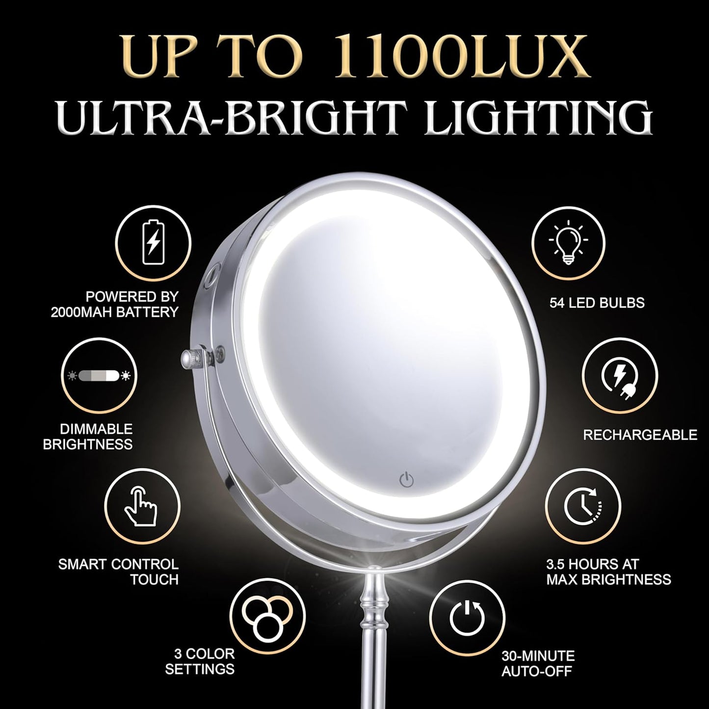 Super Zoom 15X Magnifying Makeup Mirror with Lights - 15X & 1X Make Up Vanity Mirror with 3 Lighting Modes, Rechargeable Battery with USB Cable - 8" Wide & 15" Tall (Chrome)