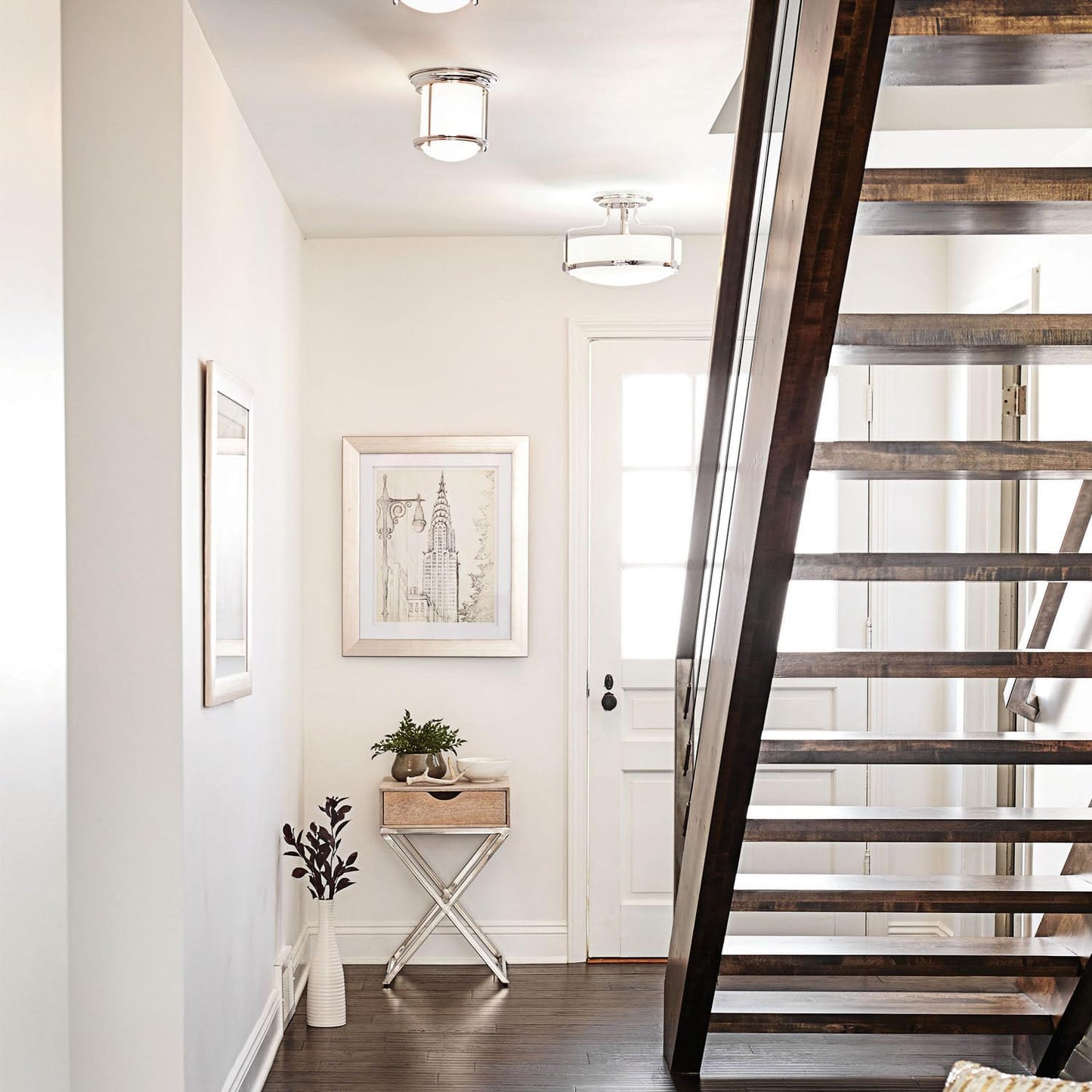 Hinkley Harper 3641CM Medium Semi-Flush Mount Ceiling Light - Sleek, Retro Style - Chrome + Etched Opal Glass