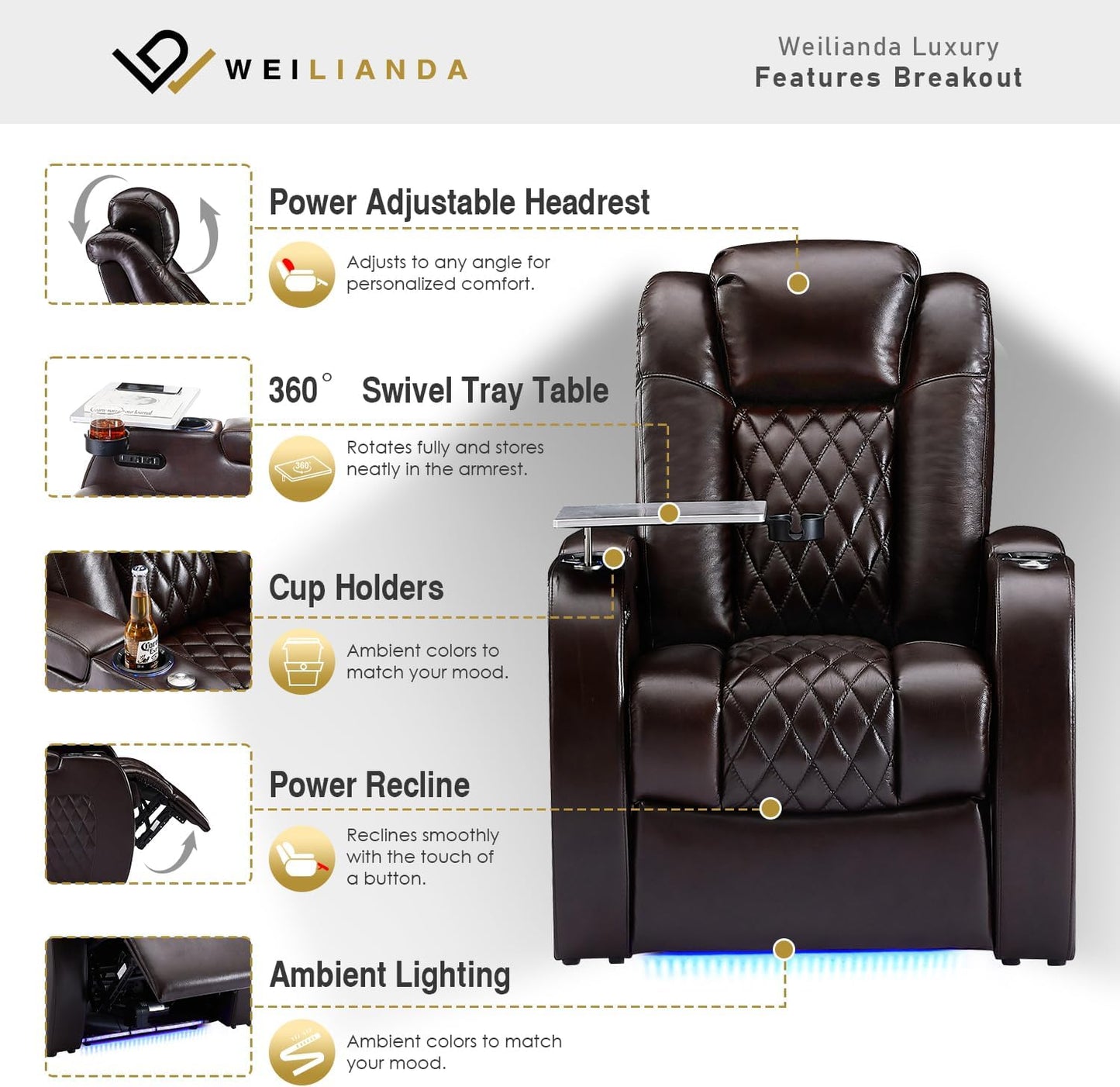 Weilianda Home Theater Seating Top Grain Leather Zero Gravity Recliner Chair Power Headrest Recline Movie Seat Gaming 7 Colors Mood Light Sofa with Tray Table USB Charge Row of 2 Brown