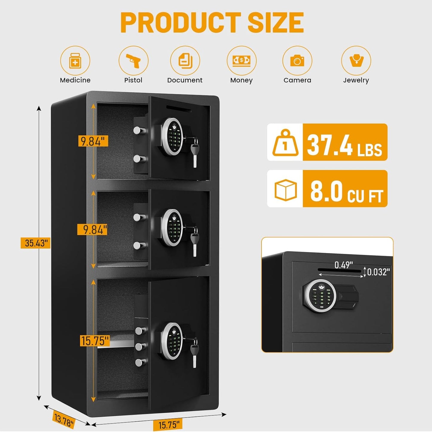 8.0 Cu ft Extra Large Home Safe Box 3 Door Money Safes - Fireproof & Waterproof Digital Safe with Dual Alarm, Drop Slot, Backlit Keypad & Adjustable Shelf for Home, Office, Hotel