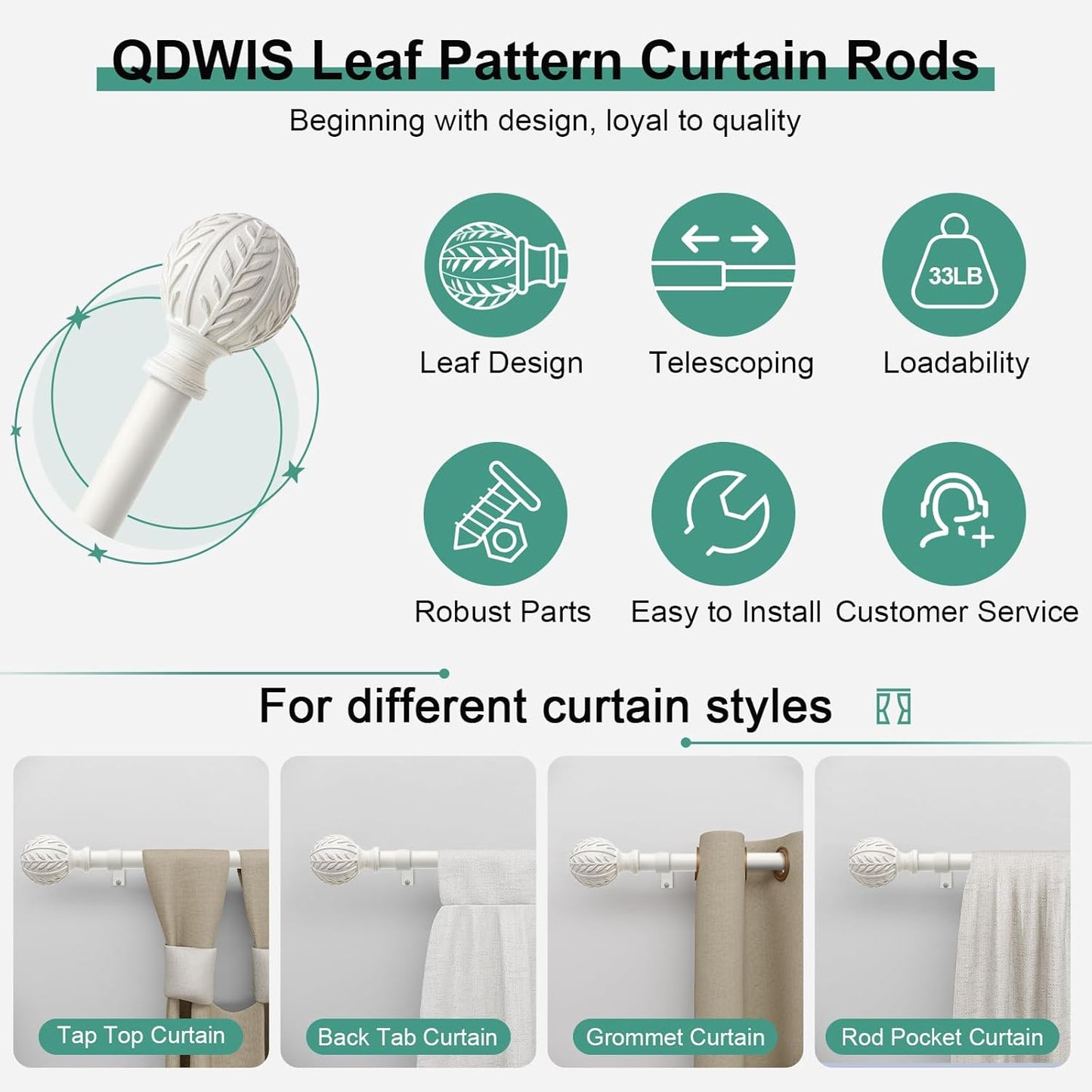 Antique White Curtain Rods for Windows 66 to 120 inch,1" Adjustable Heavy Duty Window Curtain Rod Leaf Finials,Rustic Decorative Drapery Rods Set,Size:36-120''