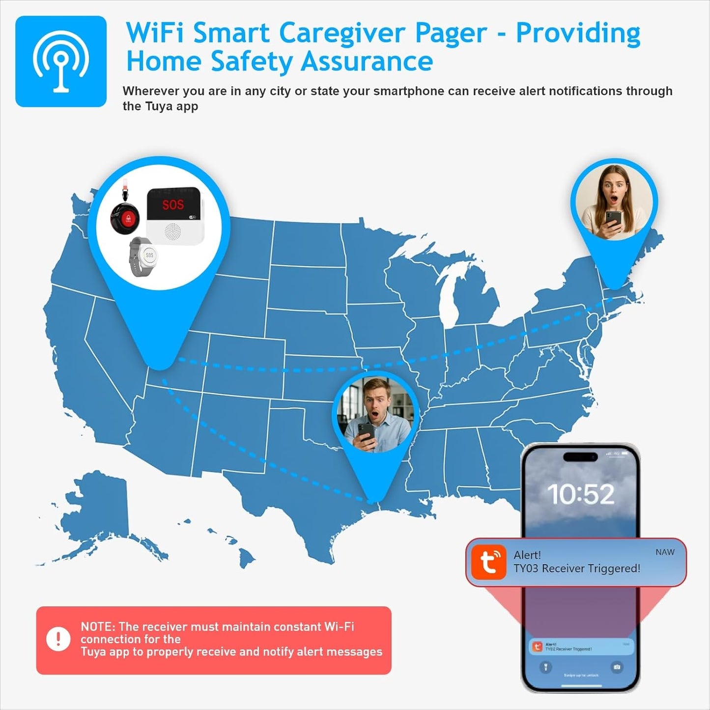 WiFi Smart Wireless Caregiver Pager Call Button Emergency Alert System Life Alert Button for Elderly Patient Seniors Disabled 1 SOS Panic Button 1 Receiver(Only Supports 2.4GHz & No Monthly Fee)