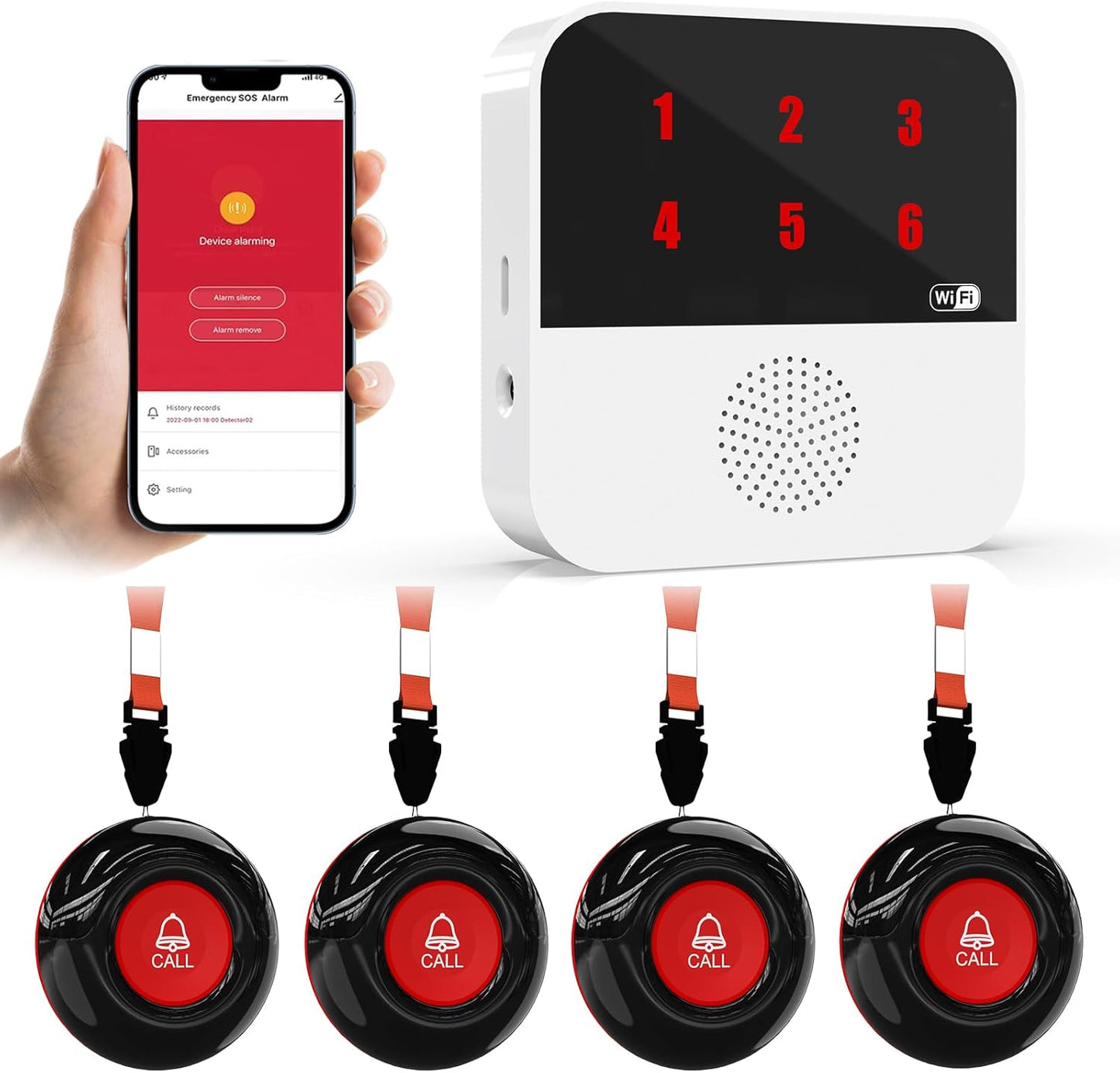 WiFi Caregiver Call Button for Elderly Senior Alert Button to Call Cell Phones Caregiver Pager System with Led Number Display 4 SOS Panic Button 1 Receiver (Only Supports 2.4Ghz & No Monthly Fee)