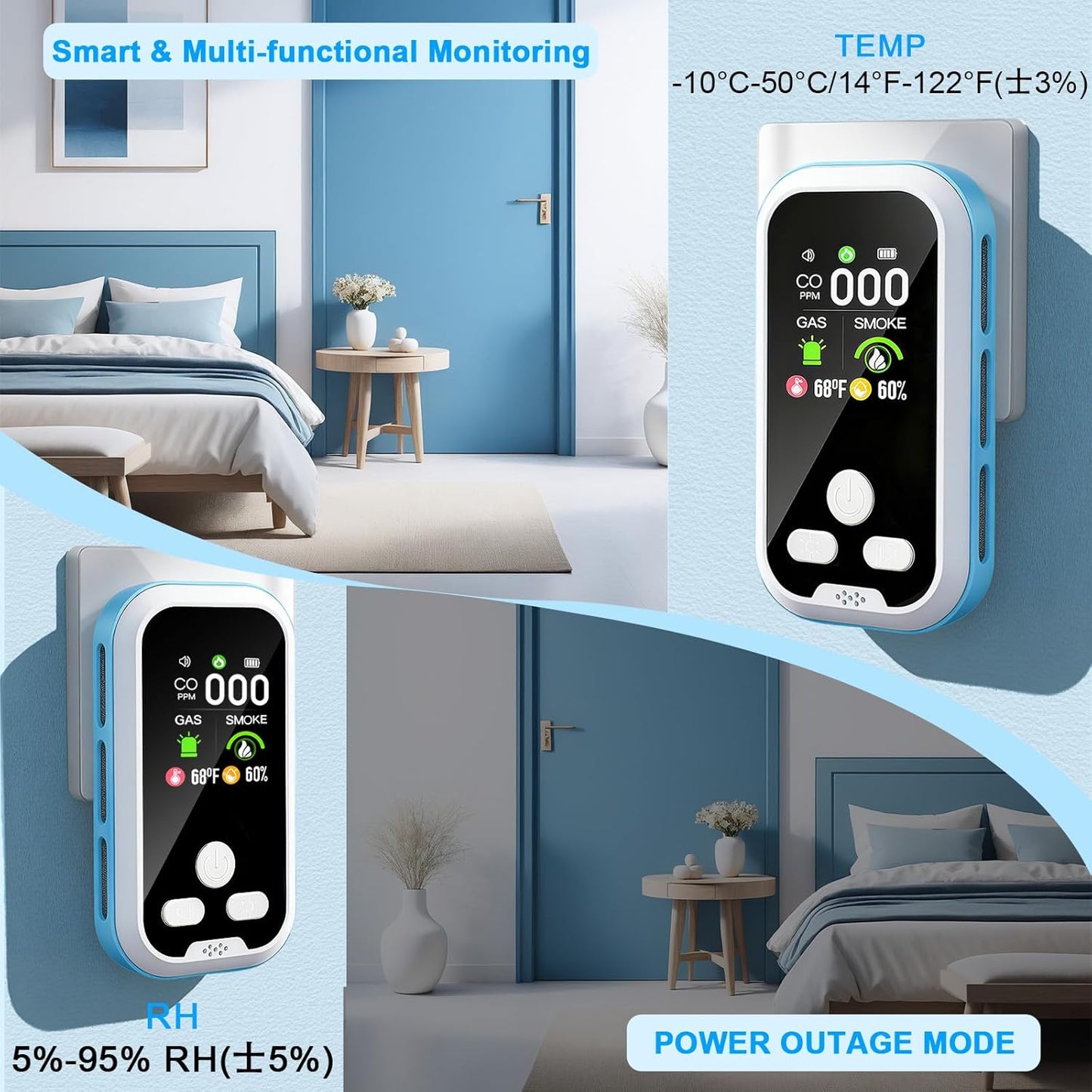 5-in-1 Carbon Monoxide Detector 2 Pack Combo with LCD Display, Detects CO, Natural Gas, Smoke, Temperature, Humidity for Home, Hotel, RV, Apartment Safety, Monoxide Alarm HD Screen