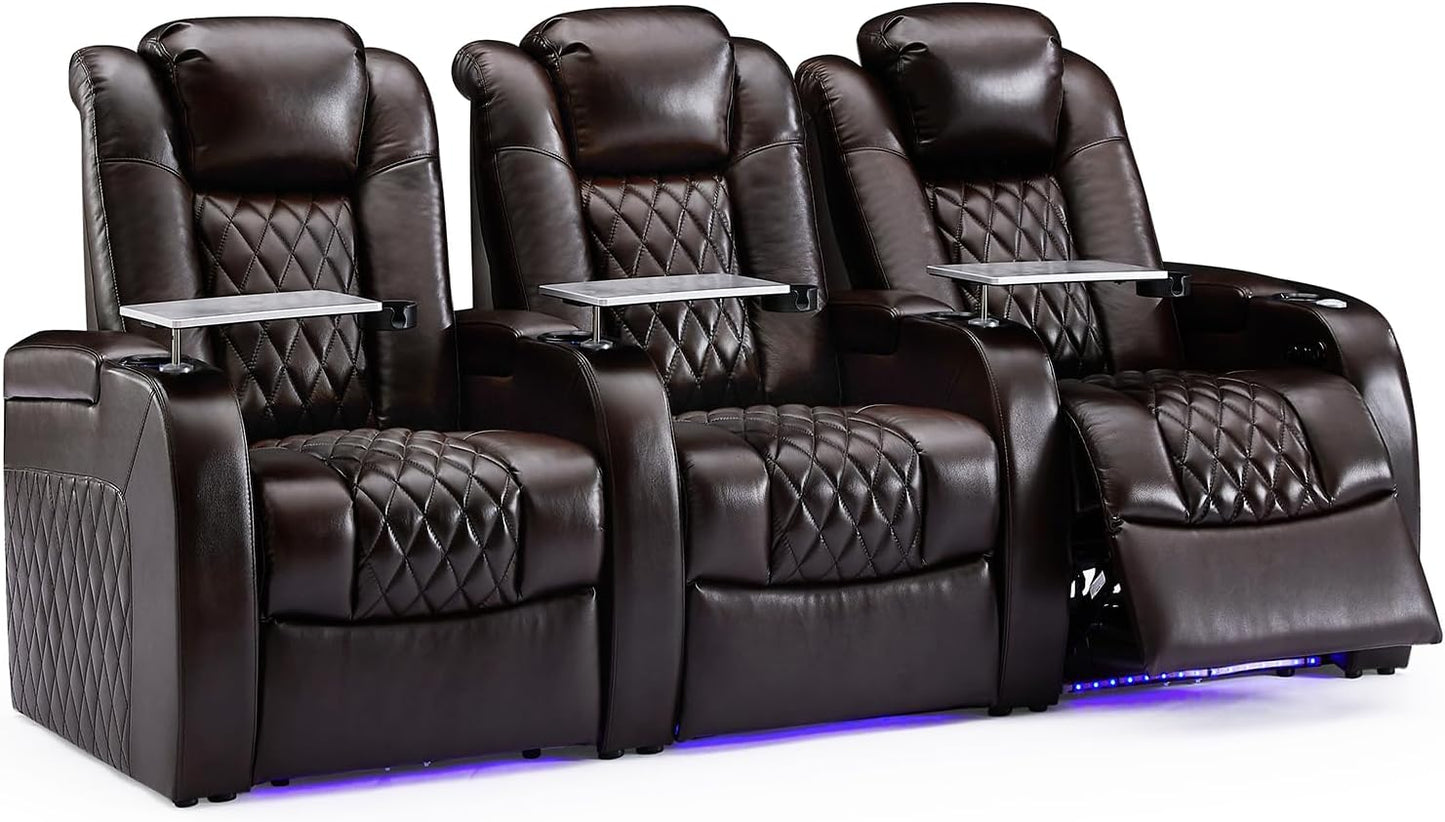 Weilianda Home Theater Seating Top Grain Leather Zero Gravity Recliner Chair Power Headrest Recline Movie Seat Gaming 7 Colors Mood Light Sofa with Tray Table USB Charge Row of 3 Brown