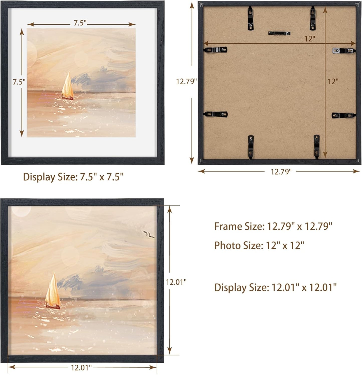Black Picture Frame 12x12, Oak Wood Frame With Tempered Real Glass, Matted to 8x8, Square Photo Frame for Wall, 1 Pack