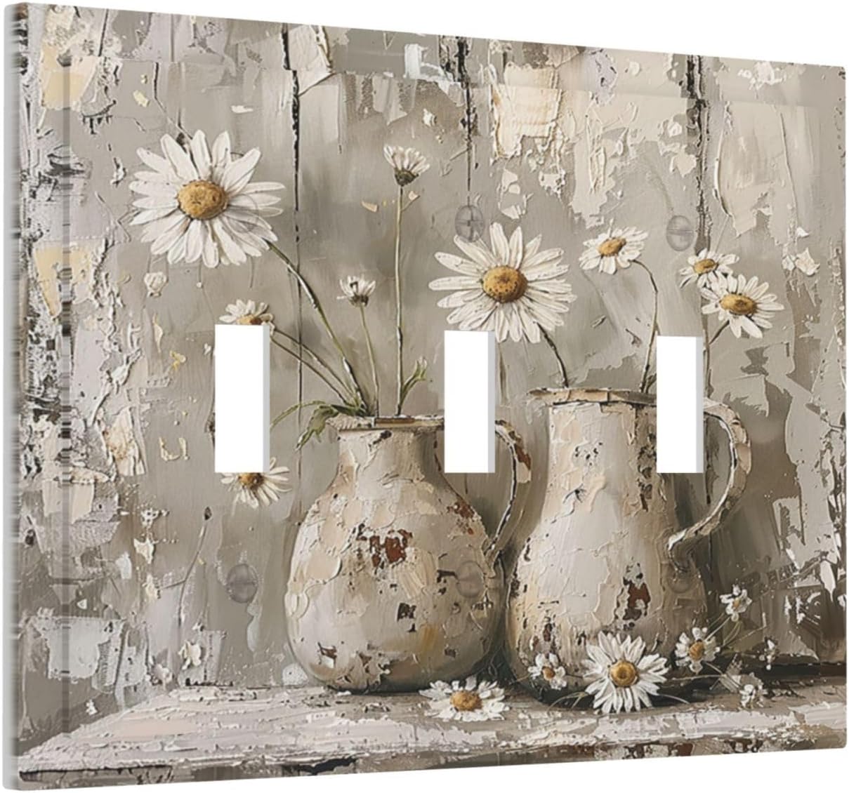 Decorative Switch Plates Vintage Rustic Floral White Daisy Flower Oil Painting Style 3 Gang Wall Plate Triple Toggle Light Switch Cover Faceplate Electrical Wall Panels for Home Farmhouse