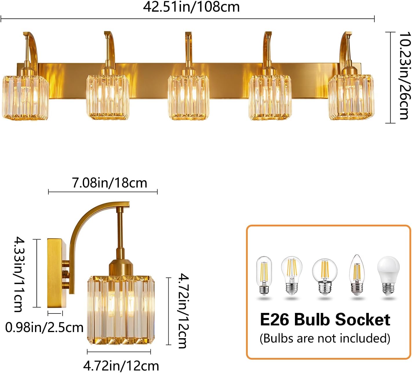 5-Light Crystal Vanity Light, Modern Gold Bathroom Wall Sconce with K9 Crystal Shades, 42.51" Long Over Mirror Lighting for Vanity, Makeup, Hallway, Elegant & Easy Installation