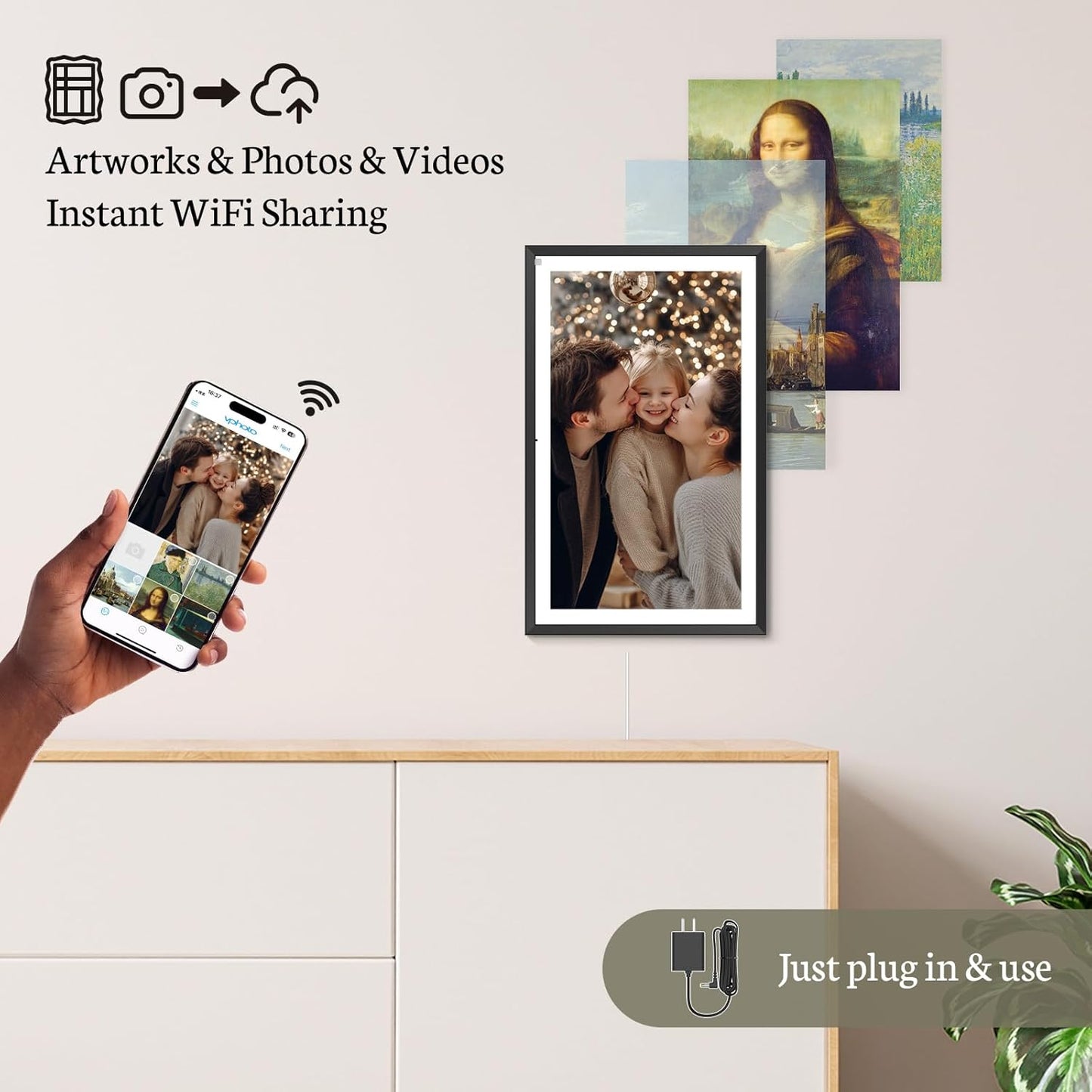 BSIMB 15.6 Inch Digital Picture Frame, 64GB 1920x1080 FHD Large Digital Photo Frame WiFi Photo Frame Electronic Touchscreen, Share Pictures/Videos via App/USB/SD Easy Setup Auto-Rotate, Gift for Mom