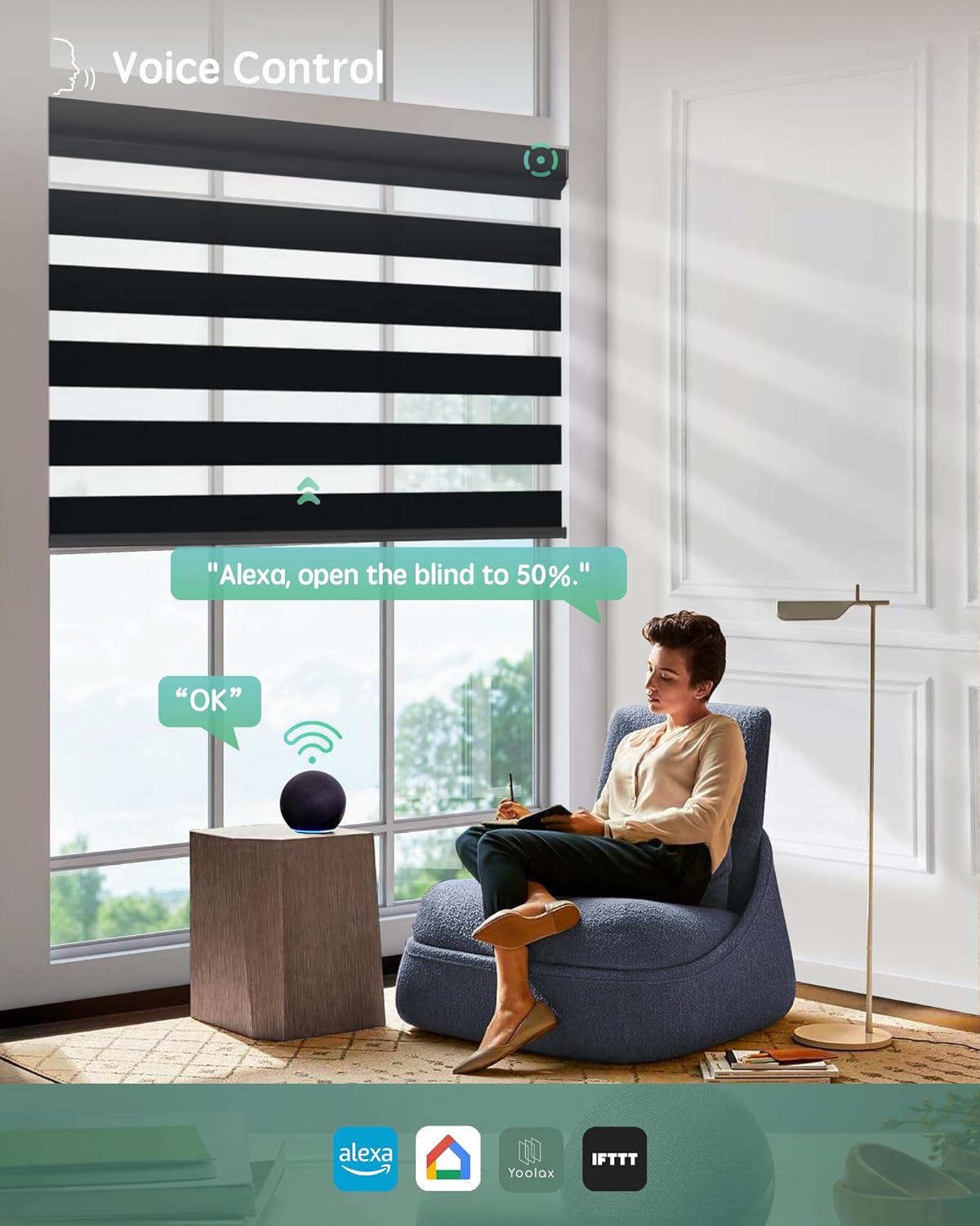 Yoolax Motorized Zebra Blinds Works with Alexa, Motorized Blinds with Remote Custom Size, Privacy Electric Zebra Shades for Windows (95% Shading Luxury Black)