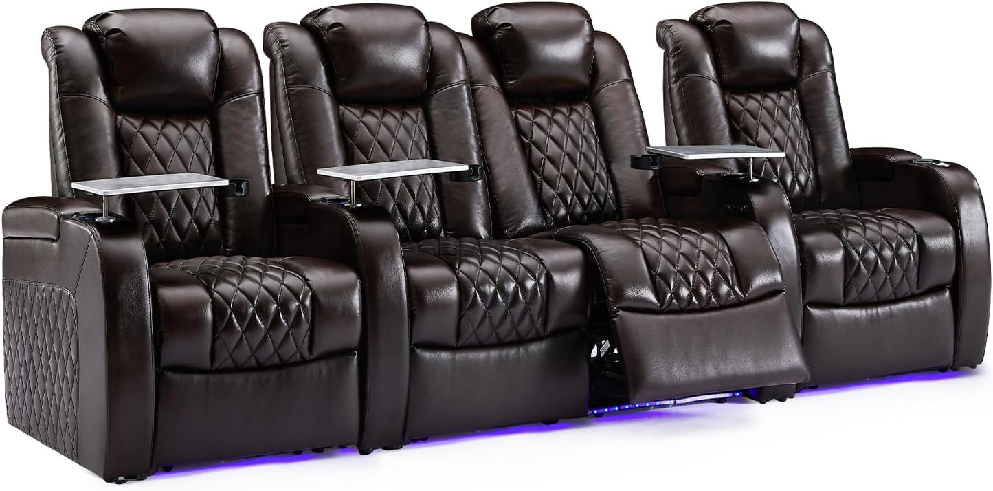 Weilianda Home Theater Seating Top Grain Leather Zero Gravity Recliner Chair Power Headrest Recline Movie Seat Gaming 7 Colors Mood Light Sofa with Tray Table USB Charge Row of 4 Loveseat Middle Brown