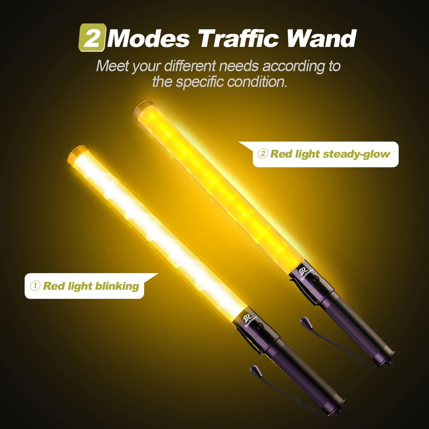 RoadHero 21 Inch Traffic Wand, Yellow LED Traffic Control Baton with 2 Flashing Modes, Night Safety Light Wand with Side Clip for Airport, Parking, Car Directing