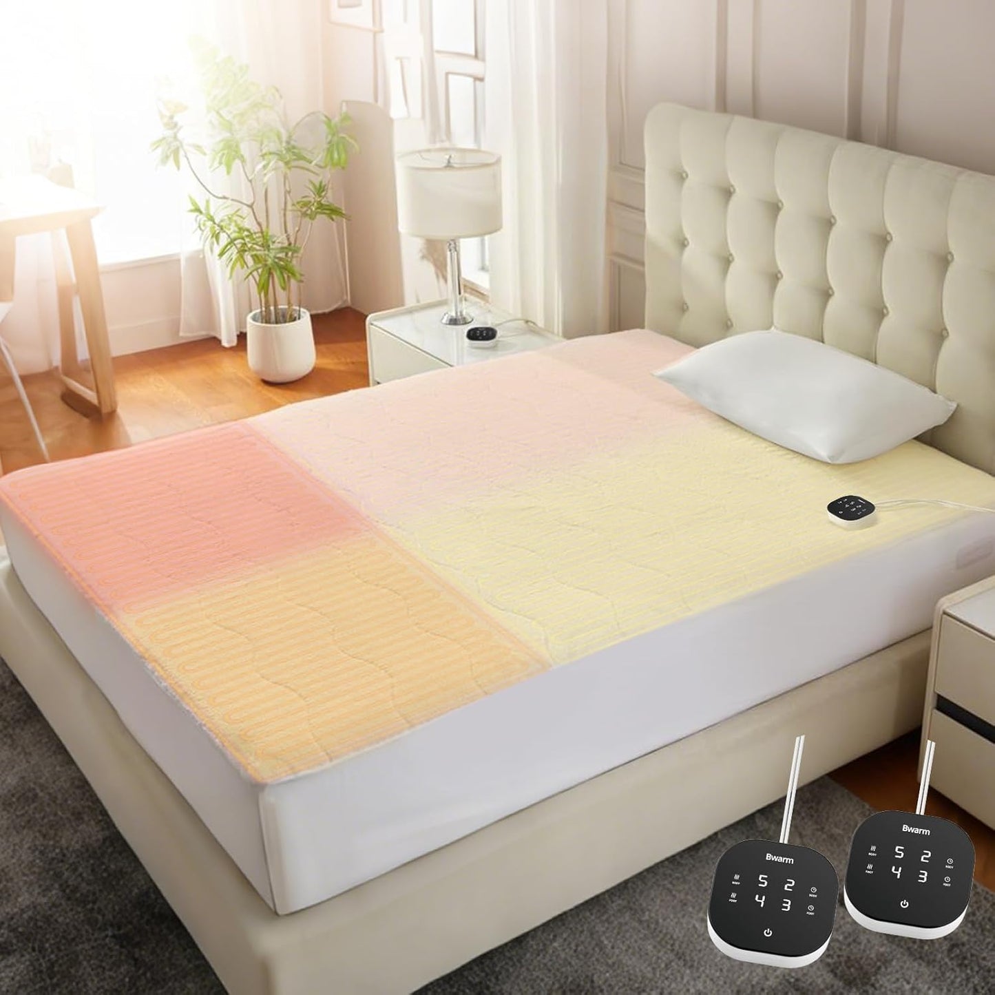 Bwarm Multizone Heated Mattress Pad Cal King, Electric Mattress Pad Sherpa Fleece Bed Warmer with 9 Heat Settings, 1-12 Hours Auto Off Deep Pocket, Machine Washable, Wave White Cal King 72" x 84"