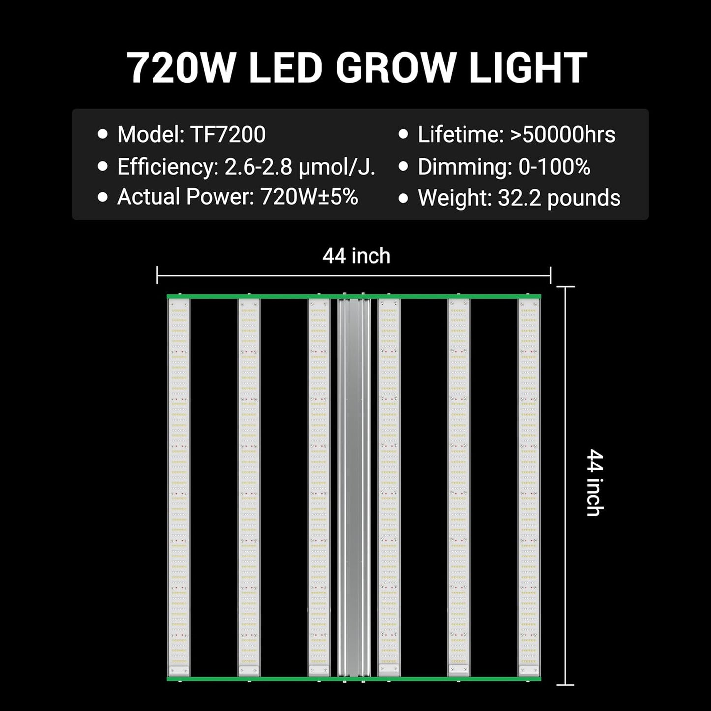 RDJ Bouns 720W LED Grow Light for 4x4/5x5 Grow Tent, Wide Body 6 Bar 100V-277V LM281B+ and EPI Diodes, Full Spectrum Commercial, Overall Size 44" x 44", Daisy Chain Dimmable, Perfect for Indoor Garden
