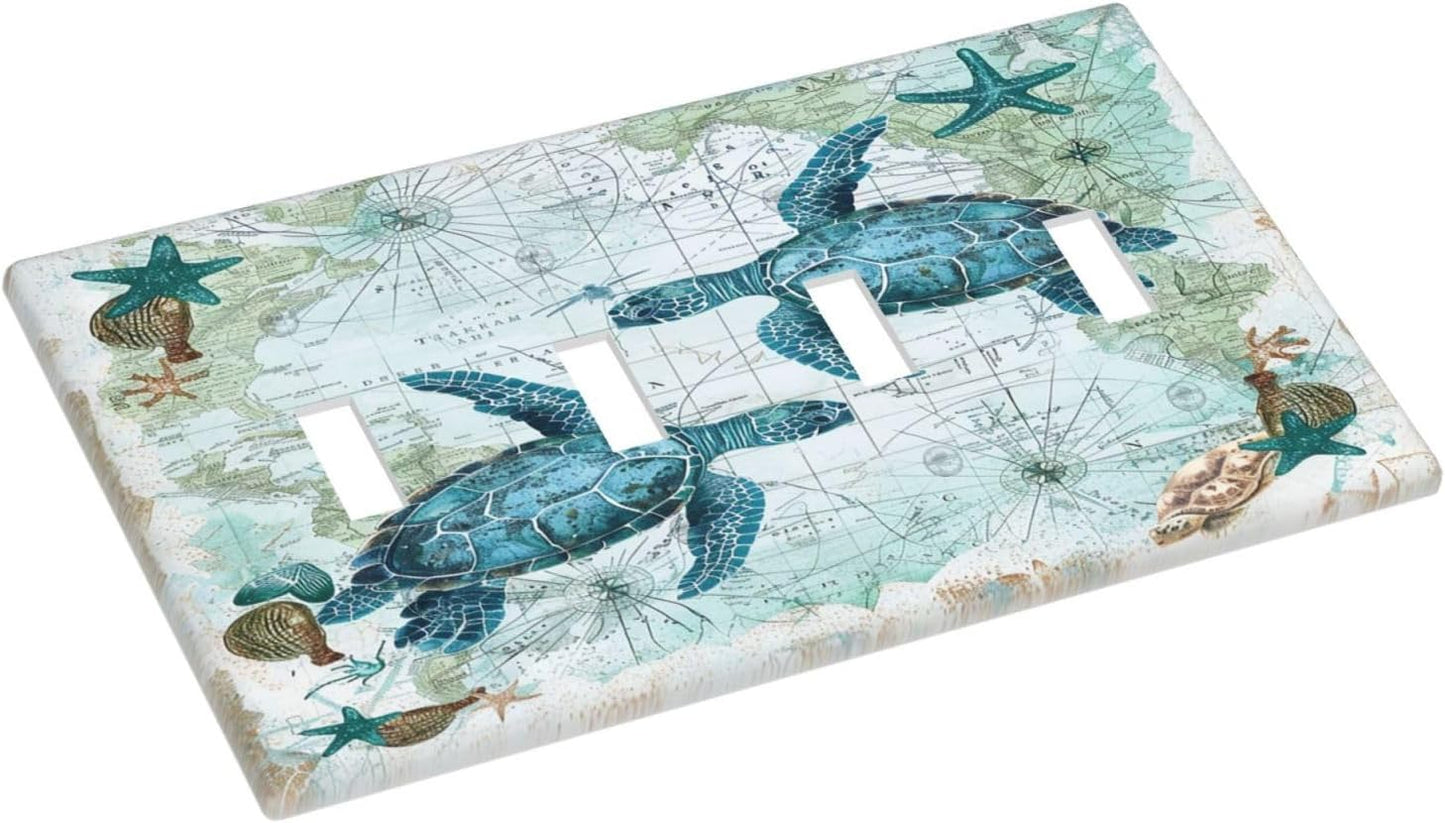 Light Switch Covers Nautical Green Sea Turtles Beach Blue Ocean Quad Toggle Electrical Faceplate 4 Gang Wall Plate Decorative Switch Plates For Bathroom Kids Room Decor