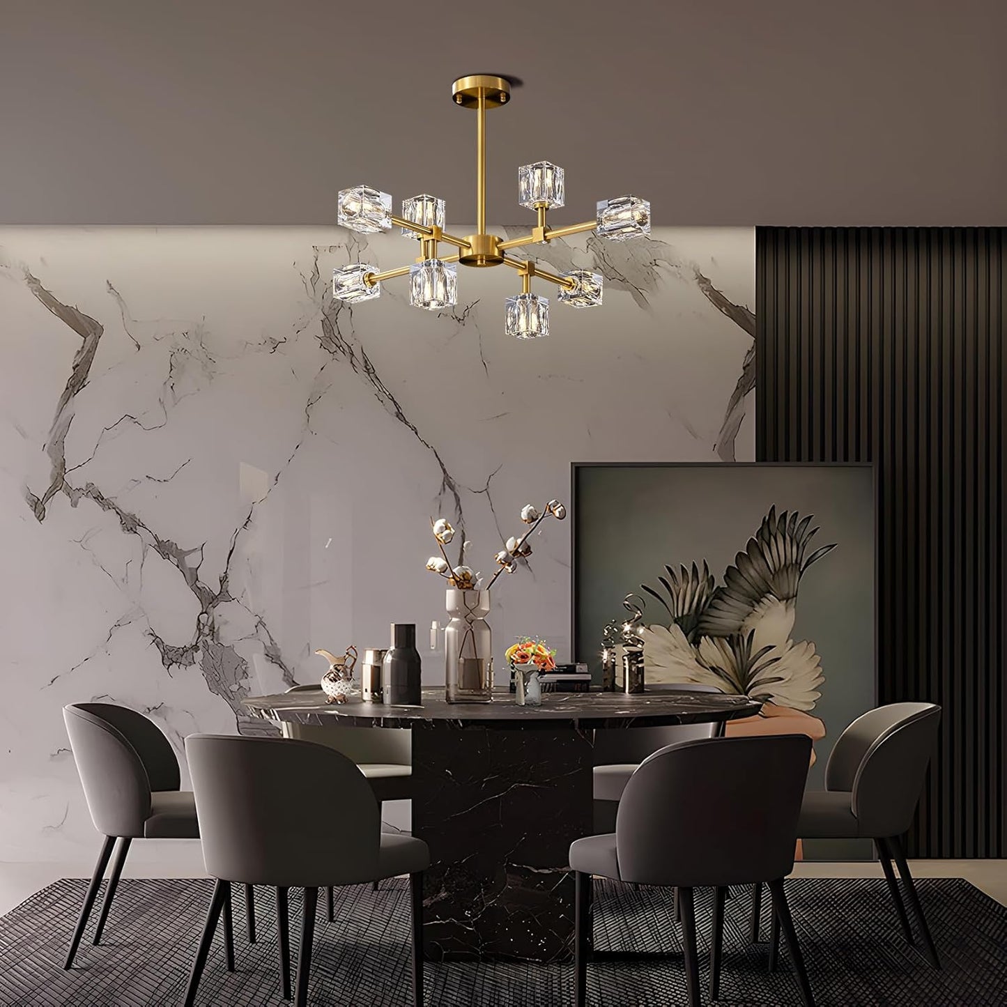 Sputnik Chandeliers for Dining Room Light Fixture, Modern Crystal Chandelier, 8-Lights Gold Semi Flush Mount Ceiling Light for Living Room Bedroom, Dining Room,Kitchen Island